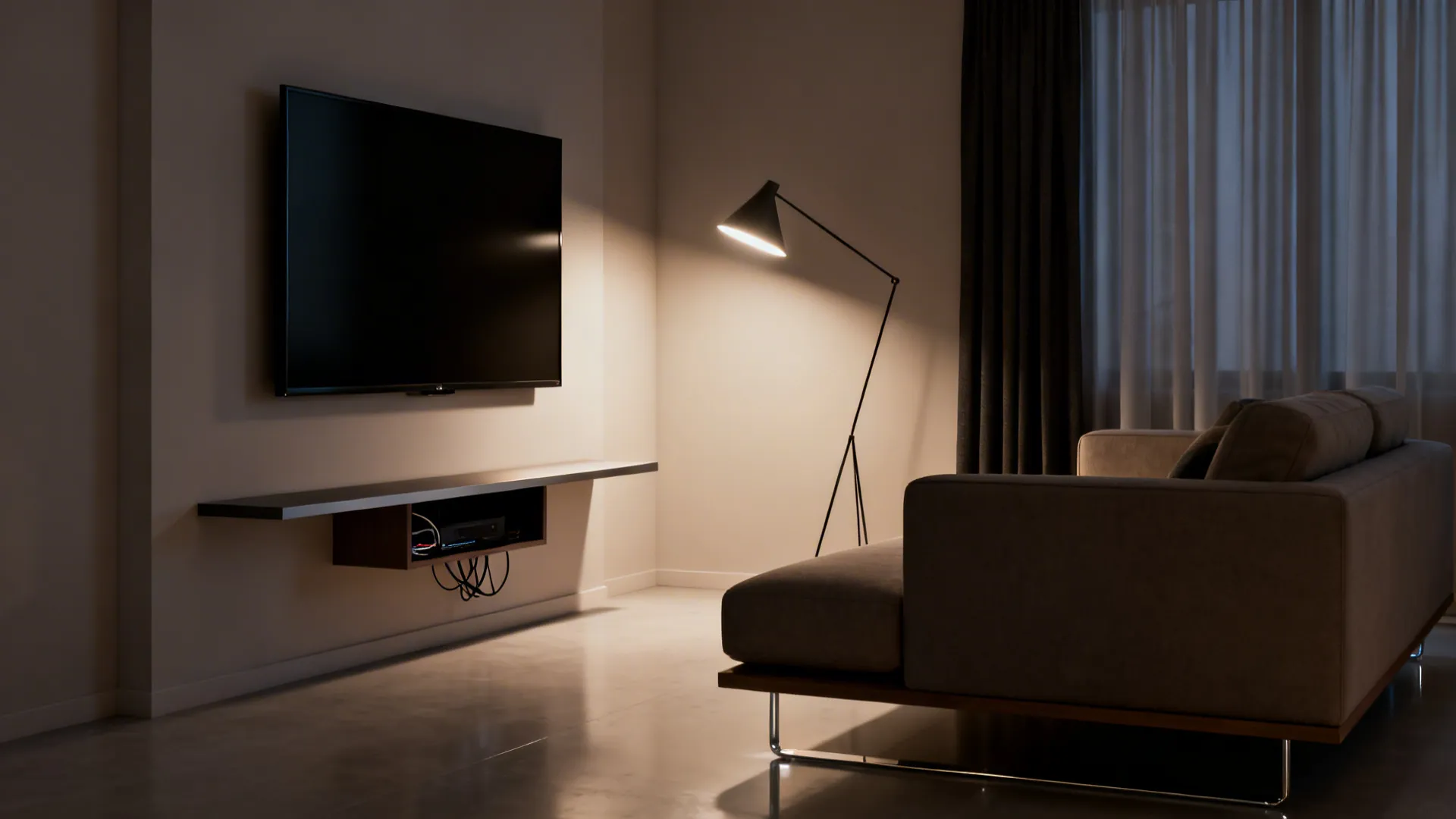 Narrow living room with a wall-mounted TV, slim console and a sofa opposite it.