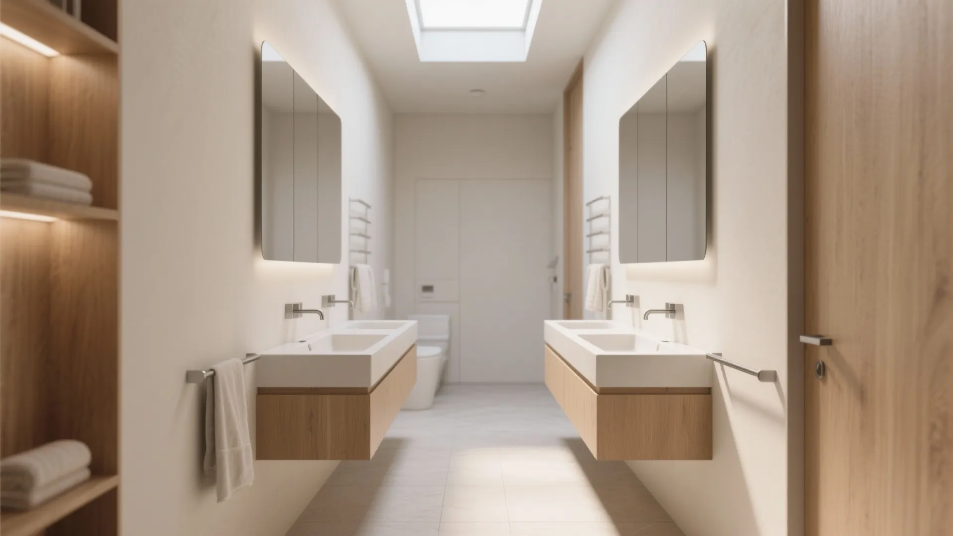 1. Floating twin vanities on one wall