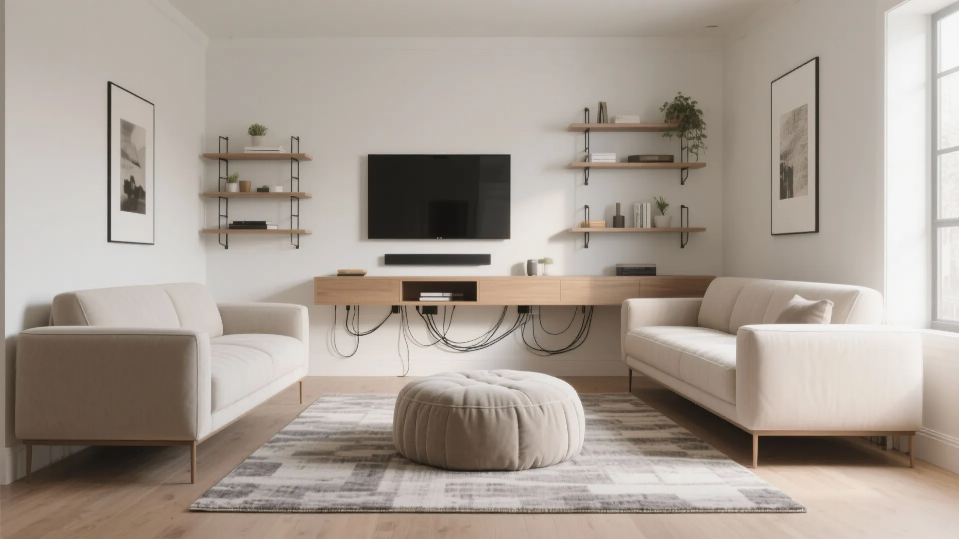 5) Floating Layout with a Shared Rug and Wall-Mounted Storage