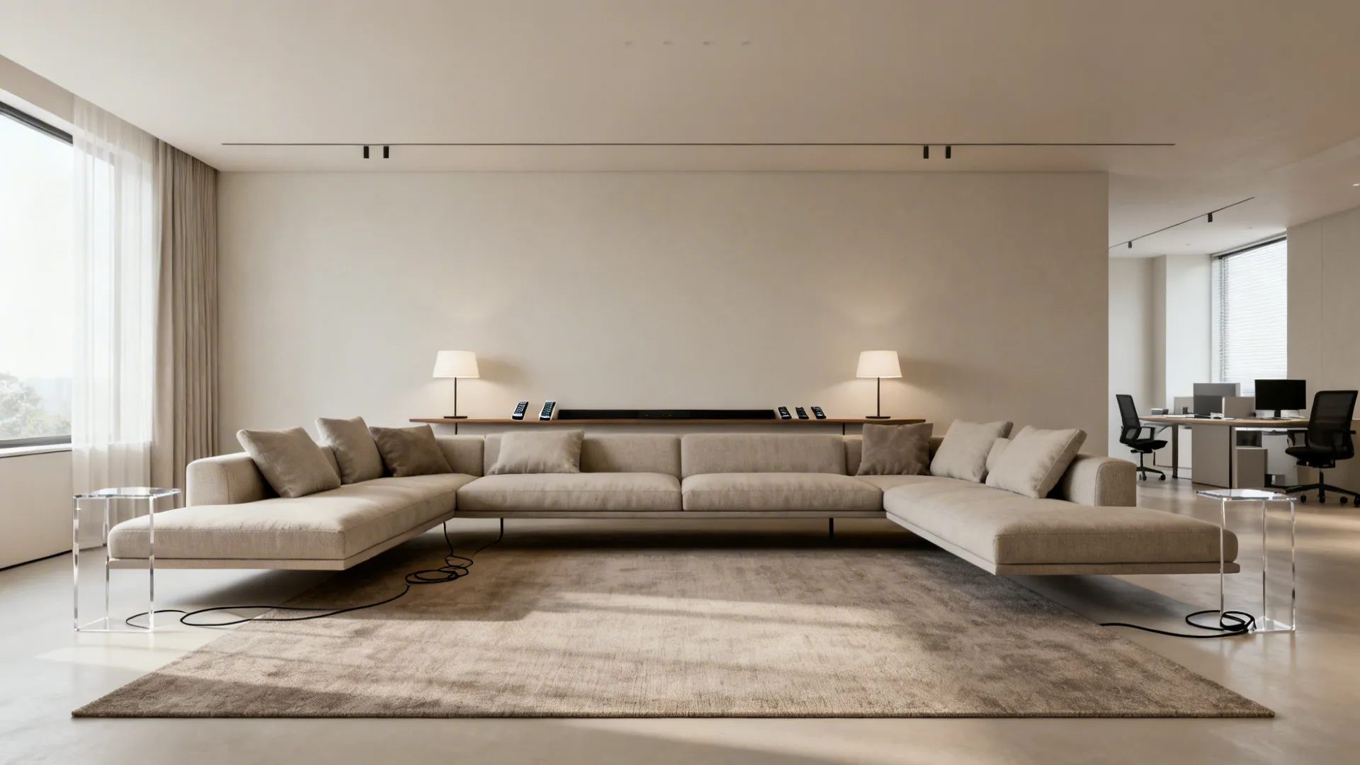 Floating U-shaped sectional with a slim console behind, creating clear paths and a soft partition.