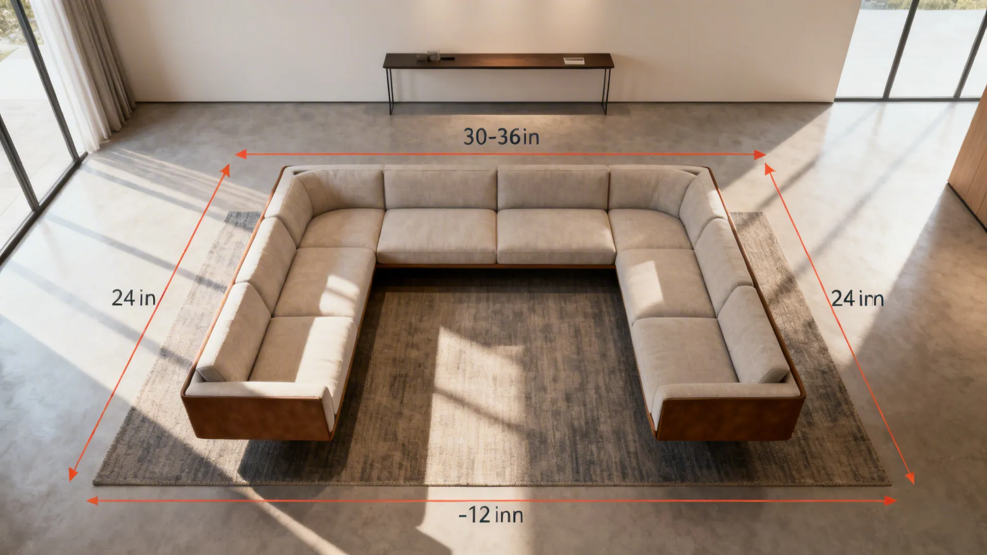 Top-down plan showing a floating U-shaped sofa with console and clear circulation paths.