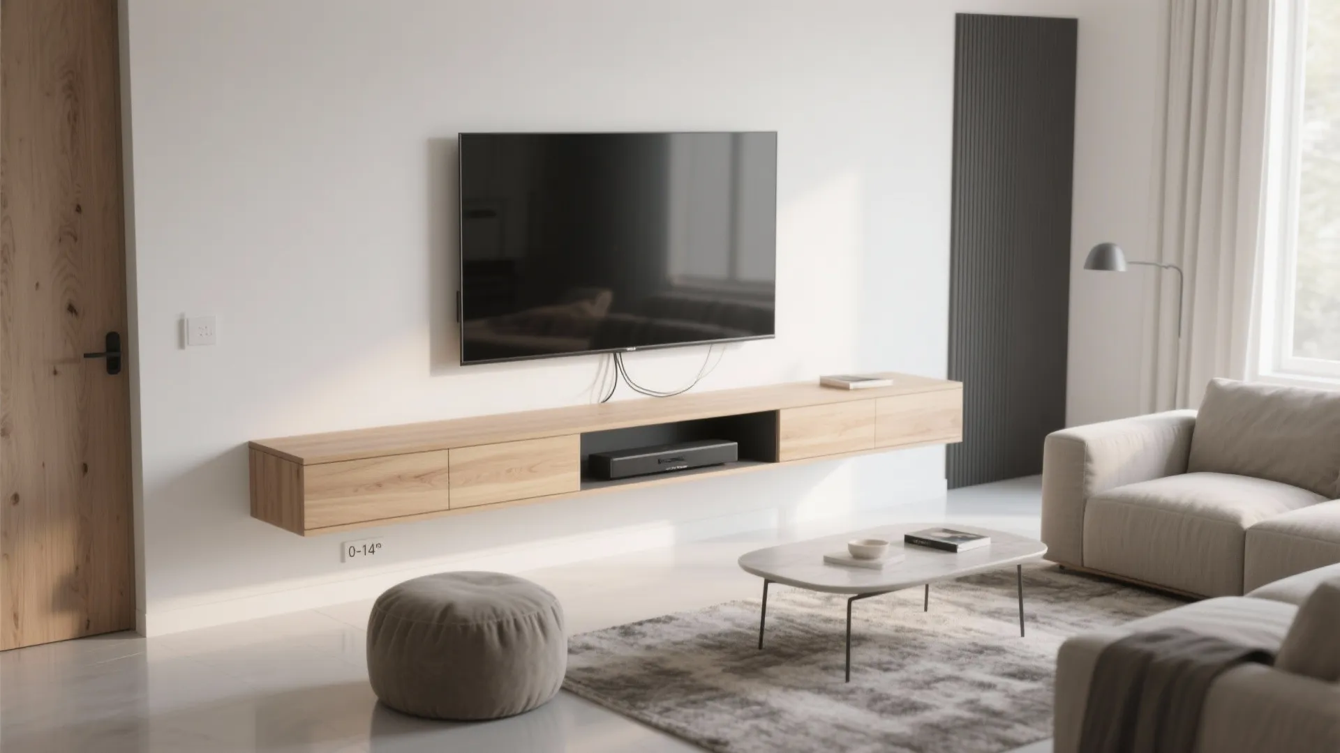 Modern living room with television over floating wood cabinet, beige sofa, marble table, and footrest