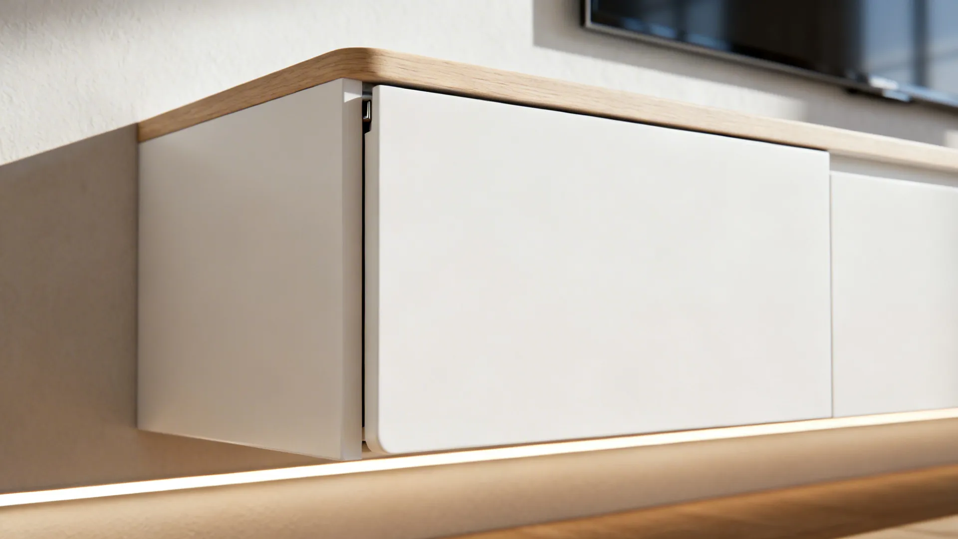 Close-up of matte white cabinet with ash edge and push-to-open detail on a floating unit.