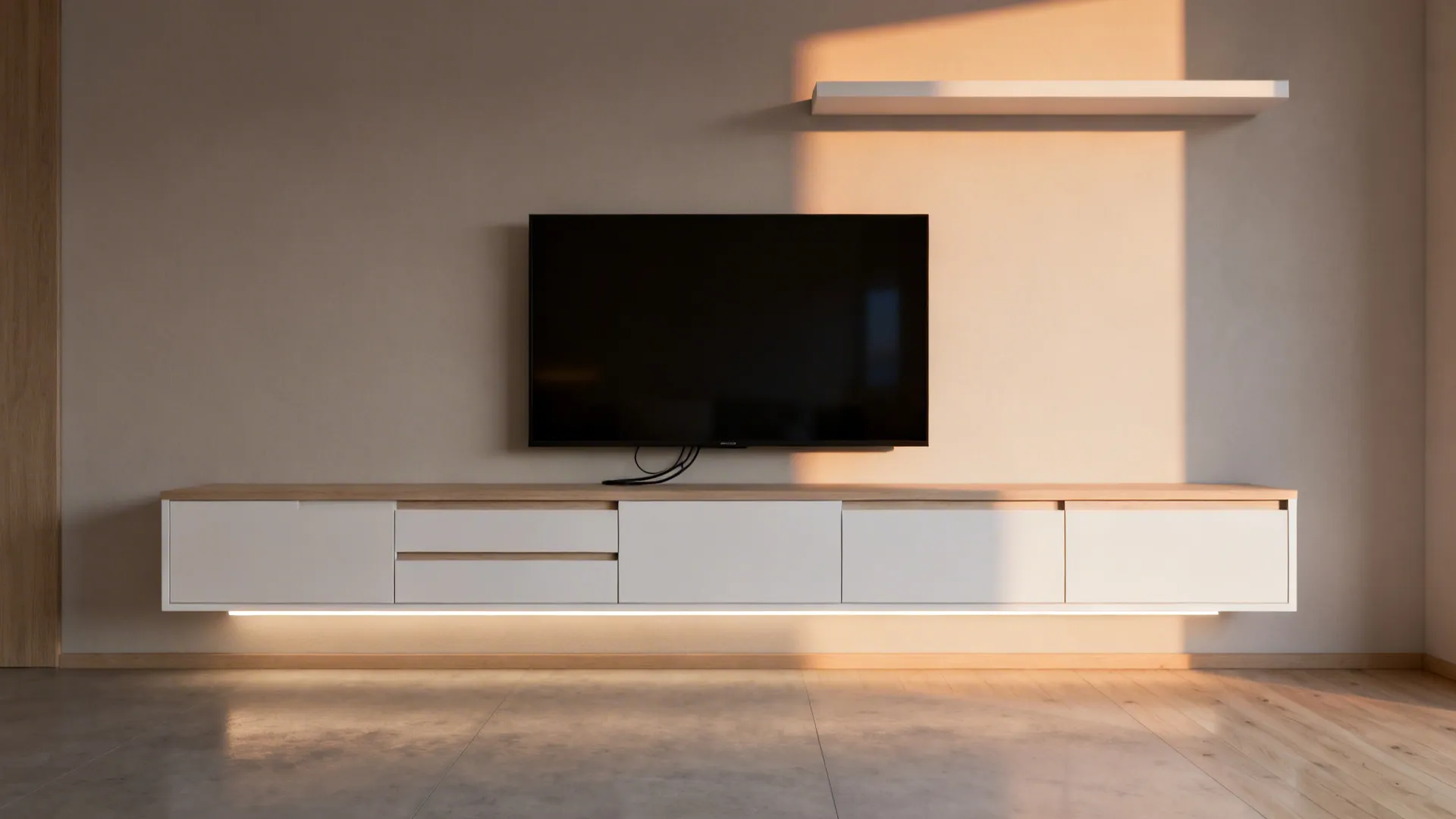 Minimalist floating TV credenza in matte white and light ash with hidden storage and LED glow.
