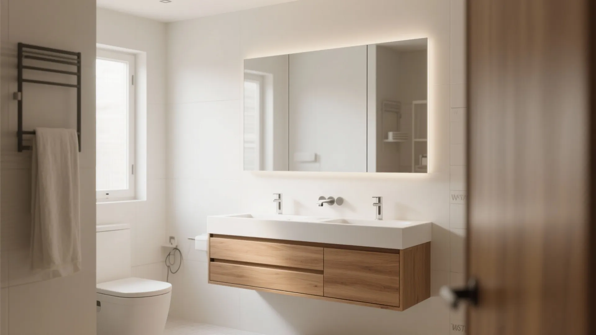 Modern bathroom with wood floating cabinet large lighted mirror white toilet and black wall towel rack