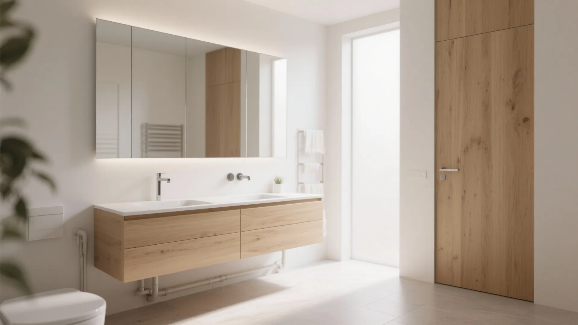 Modern bathroom with double sink wooden cabinet large mirror with light and tall matching door