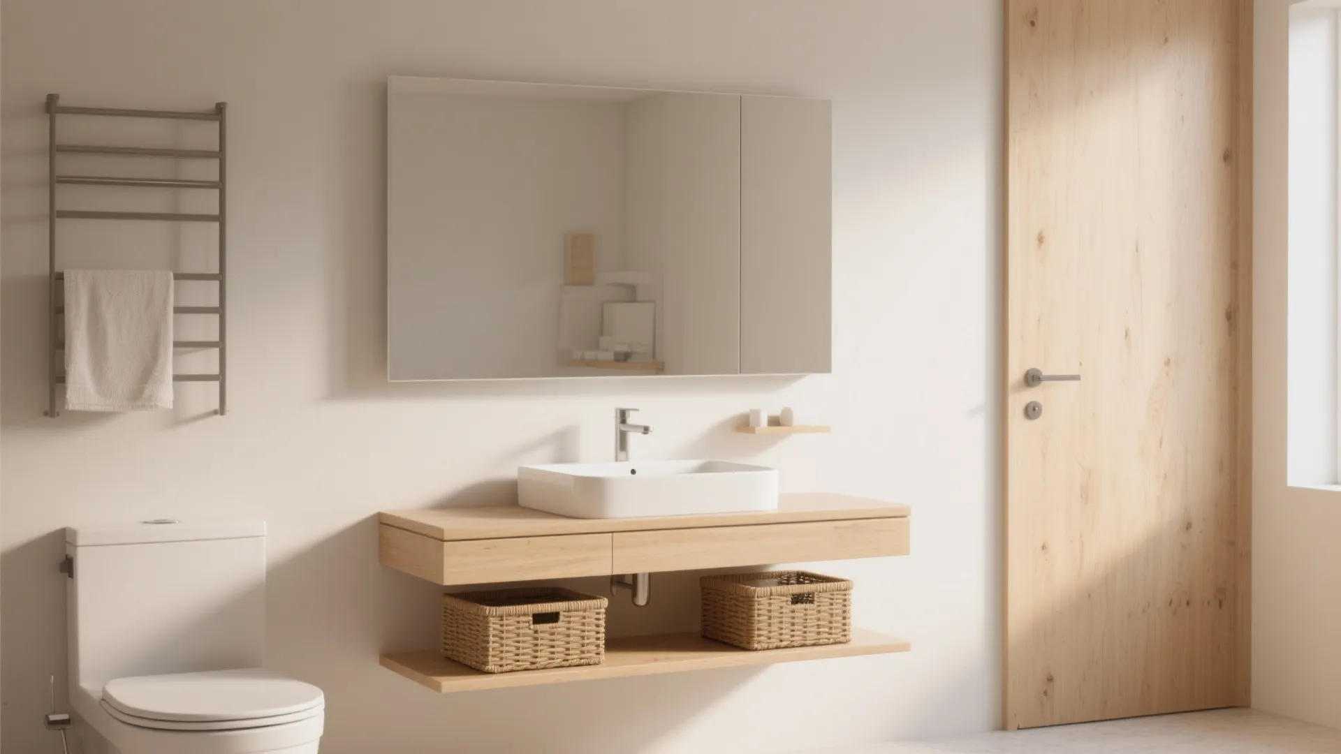 Minimalist bathroom design with wooden wall cabinet and sink under a large mirror near toilet