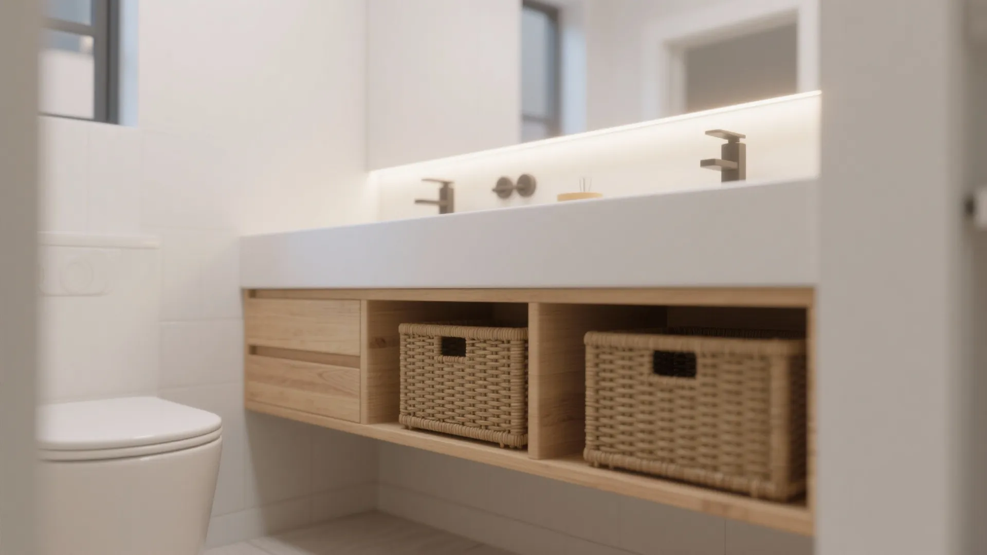Modern white bathroom sink cabinet with wooden drawers and woven storage baskets under the counter