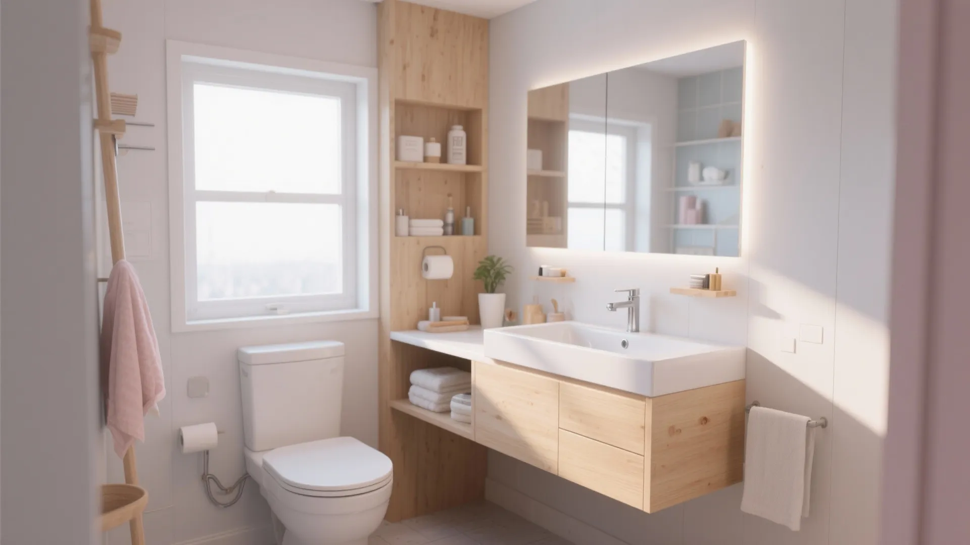 Bright bathroom interior with a wooden floating cabinet white sink large mirror and white toilet