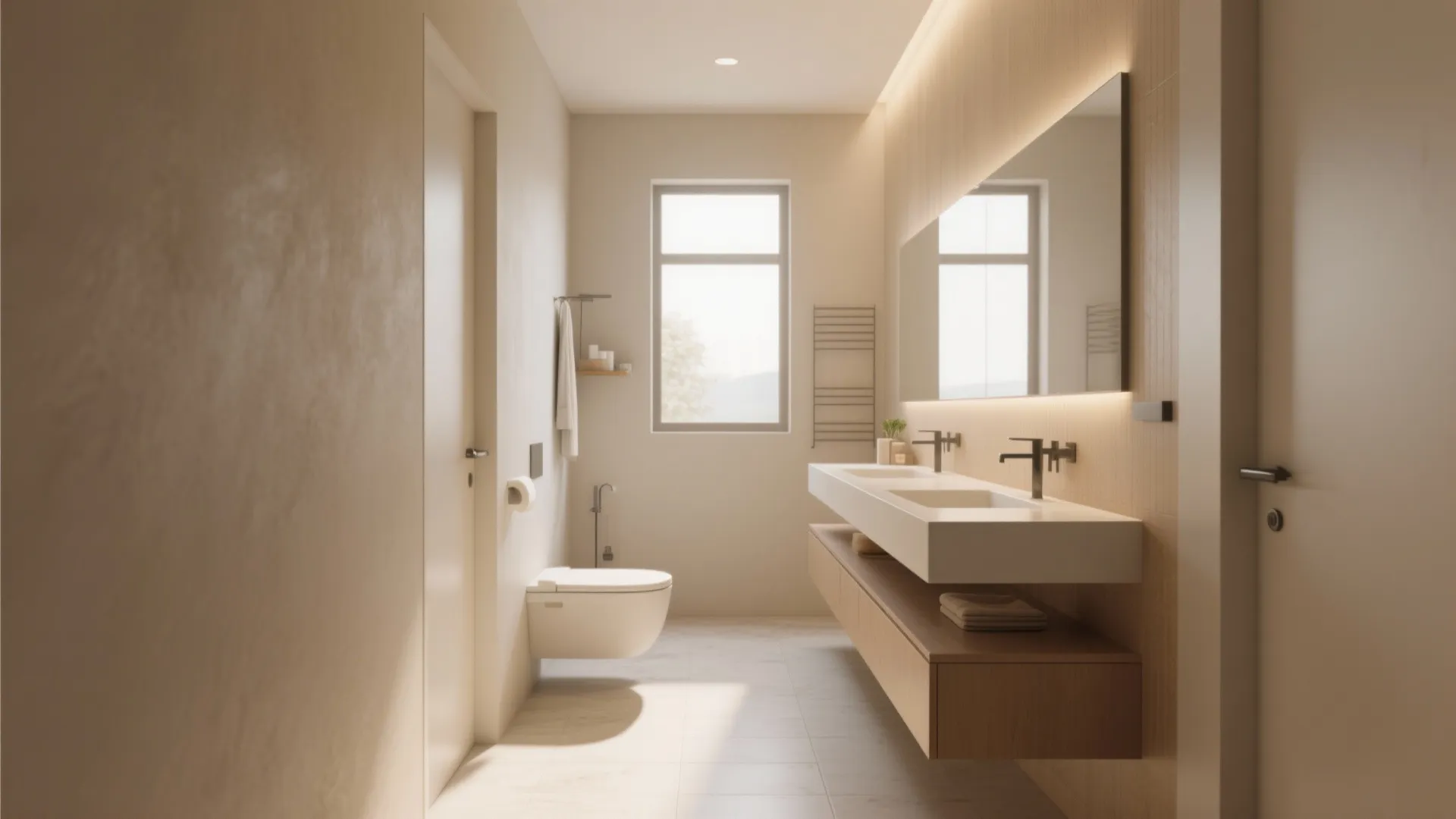 Modern minimal bathroom with double sink cabinet wooden floor large mirror toilet and warm light