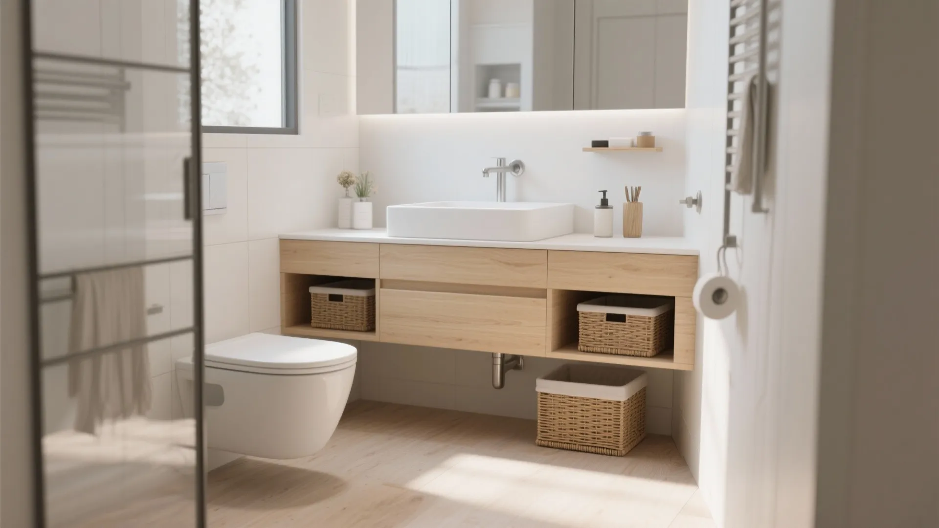 Light wood bathroom cabinet with white sink plus wall mounted toilet and woven storage baskets
