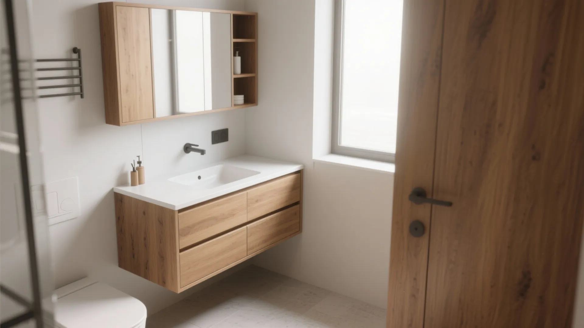 Modern bathroom with wooden cabinet white sink wall mirror and a large window for light