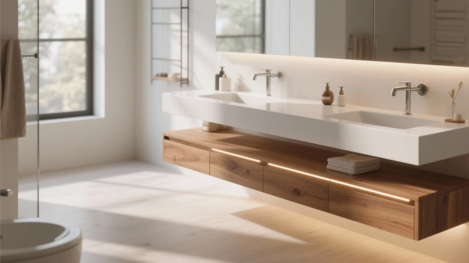 Floating vanity with under-lighting in modern bath