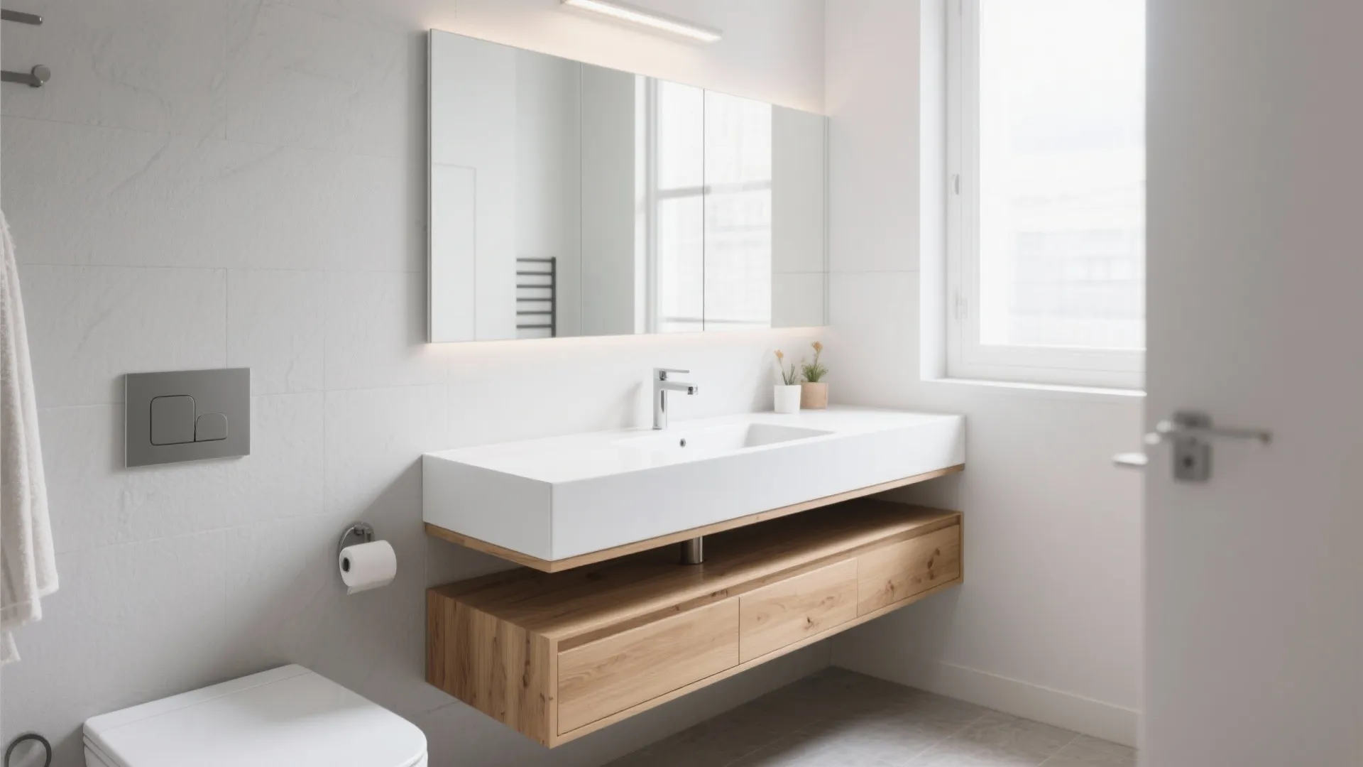 Modern white bathroom with large wall mirror wooden floating cabinet and white sink near big window