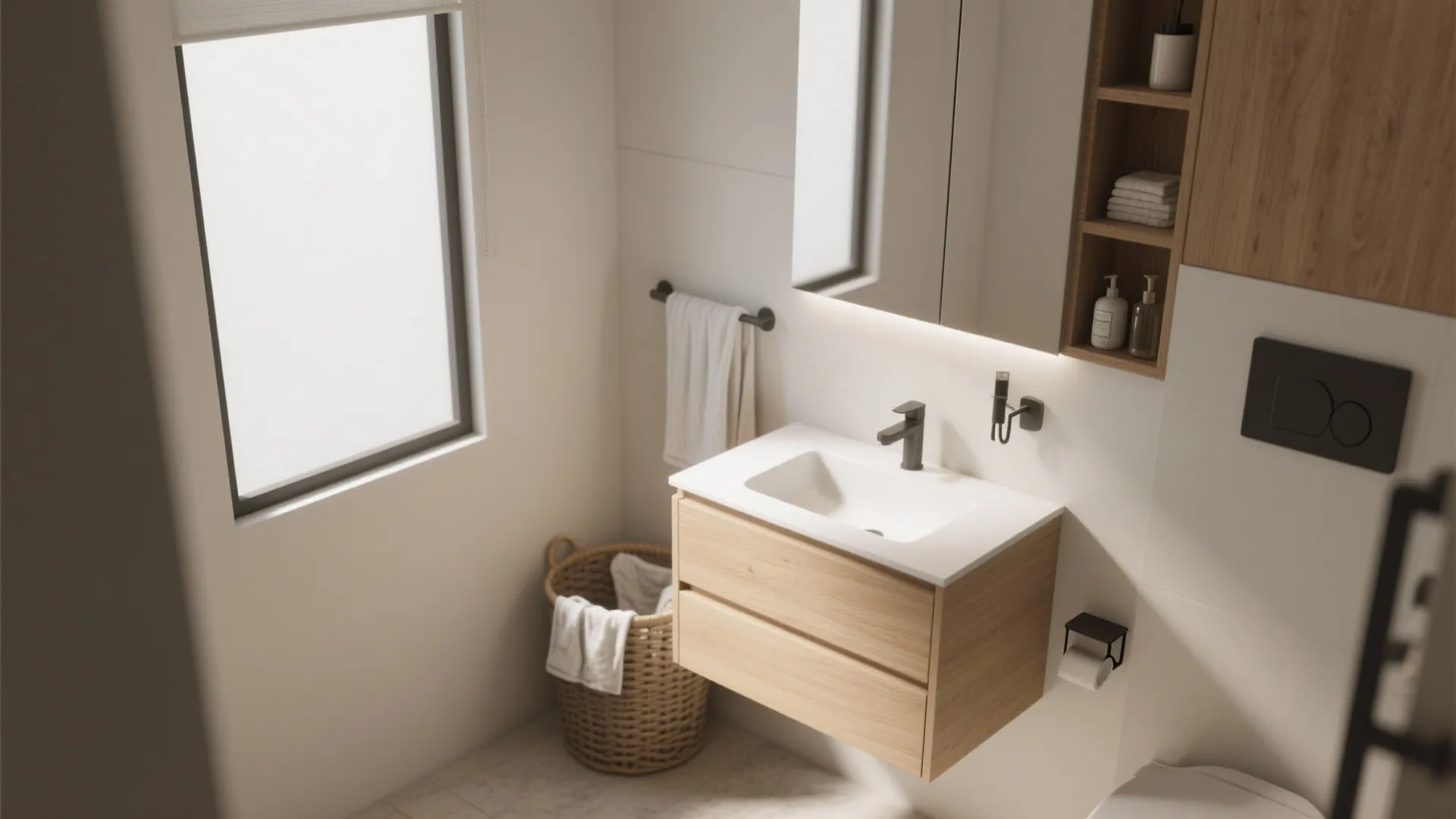 Small bathroom with wood cabinet sink next to a tall window and a laundry basket
