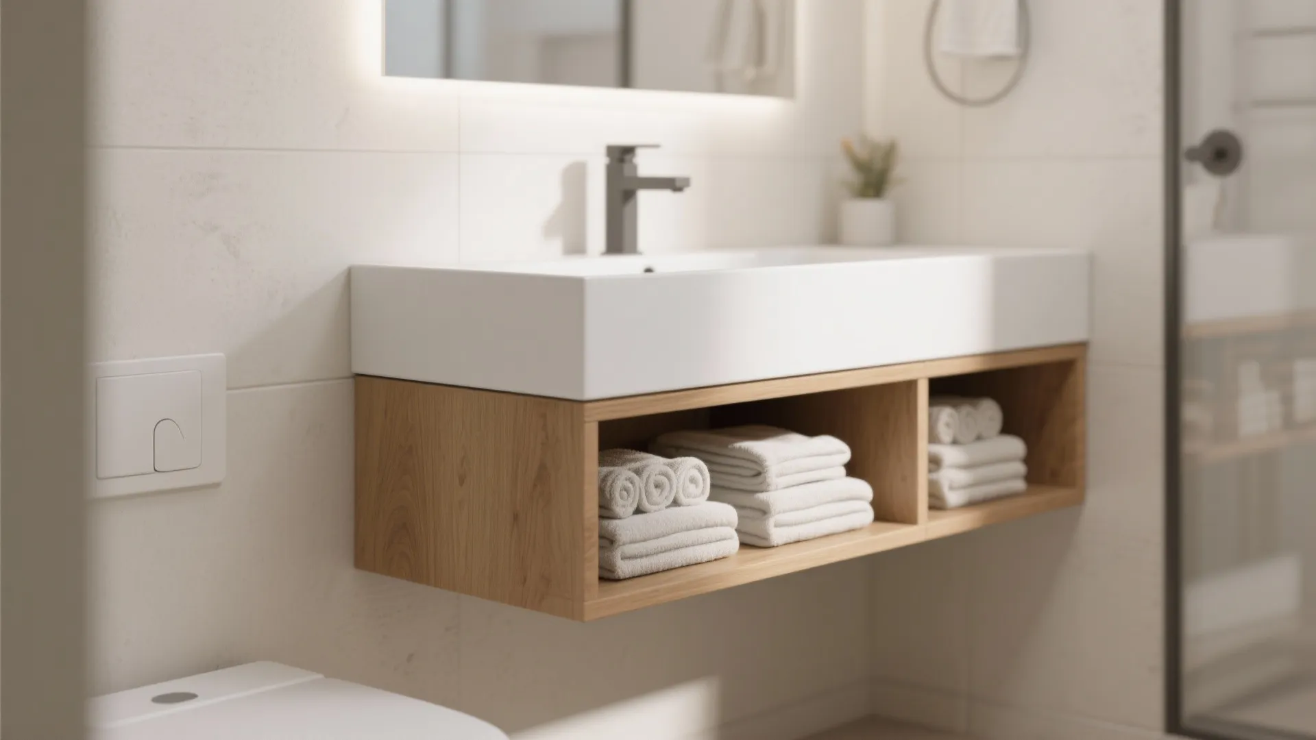 3. Floating Vanity with Open Storage