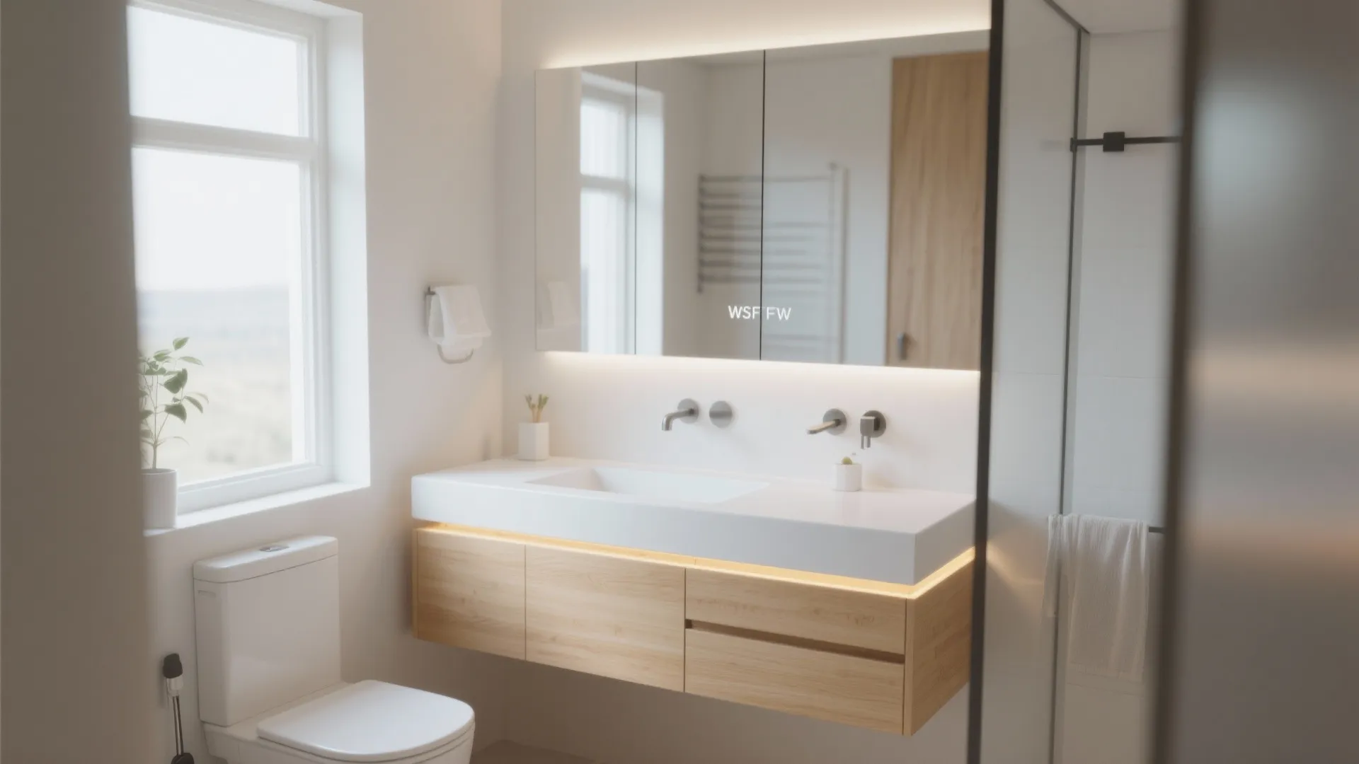 Floating wall-mounted vanity with underglow in small bathroom