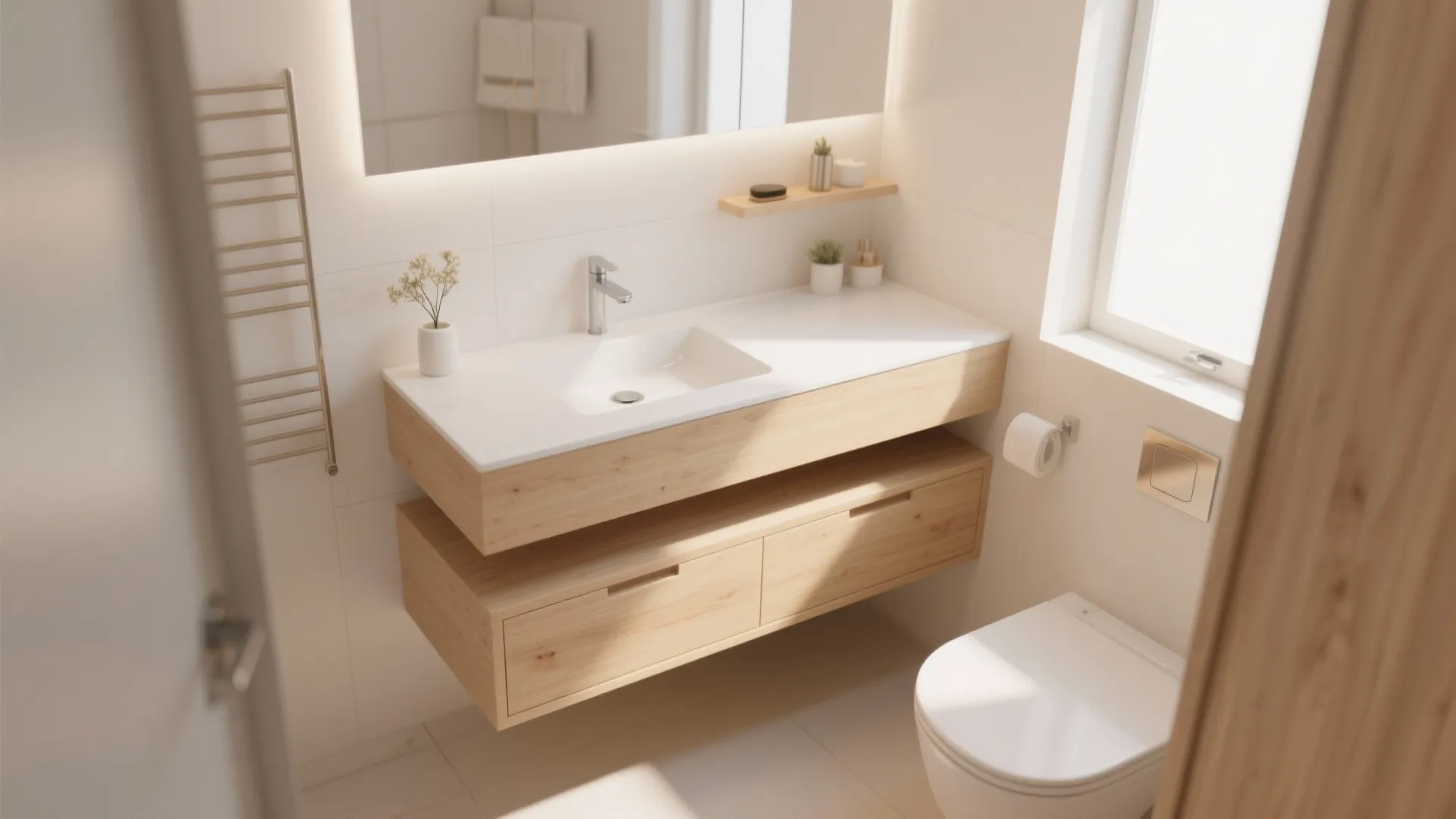 Modern bathroom with wooden cabinet white sink large mirror heated towel rack and white toilet seat