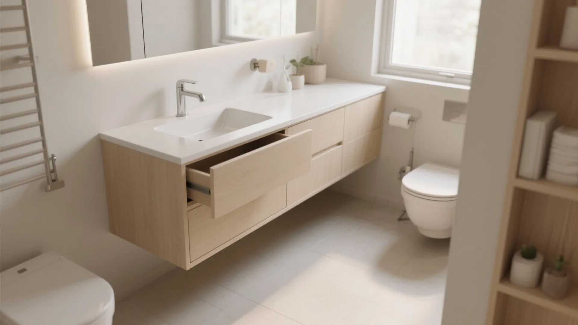 Modern bathroom featuring light wood floating cabinet white sink open drawer toilet mirror natural light