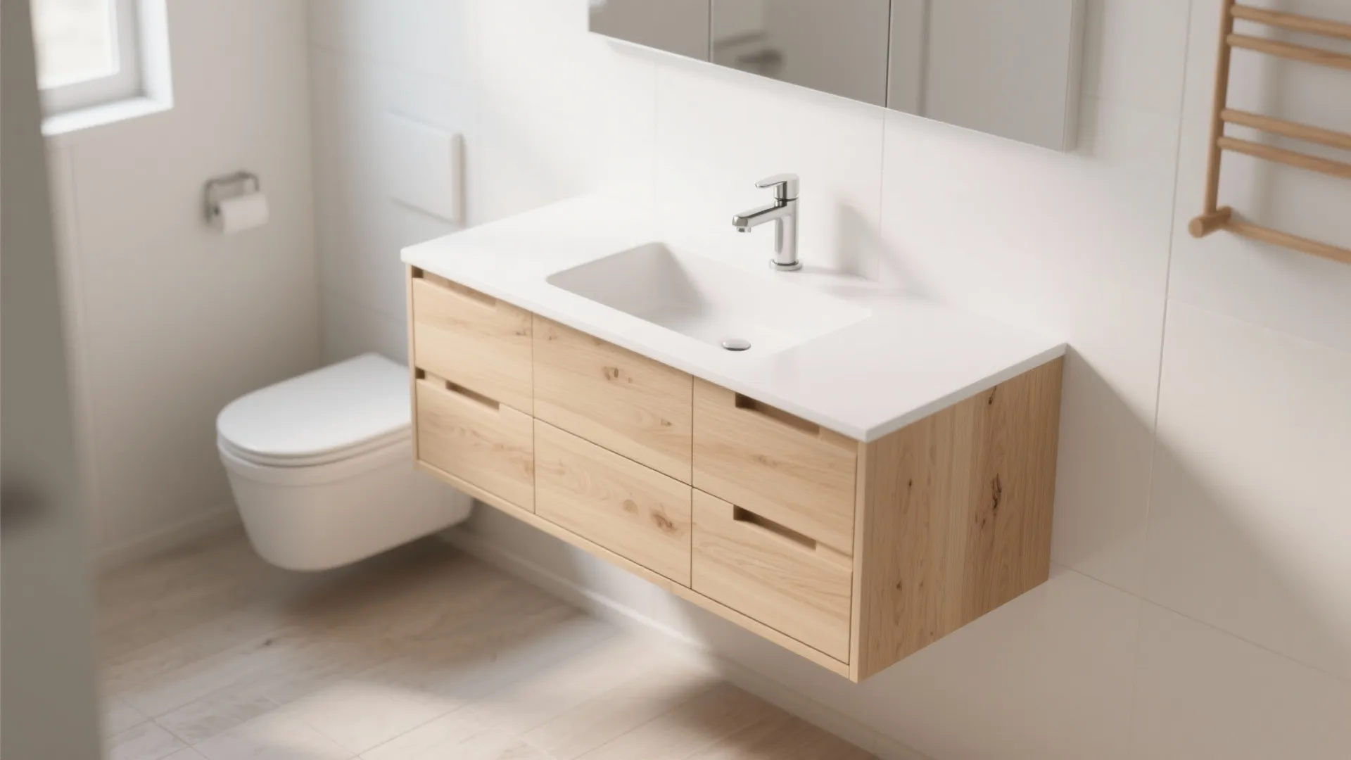 Wooden wall cabinet with white sink mirror and toilet in a modern white bathroom interior