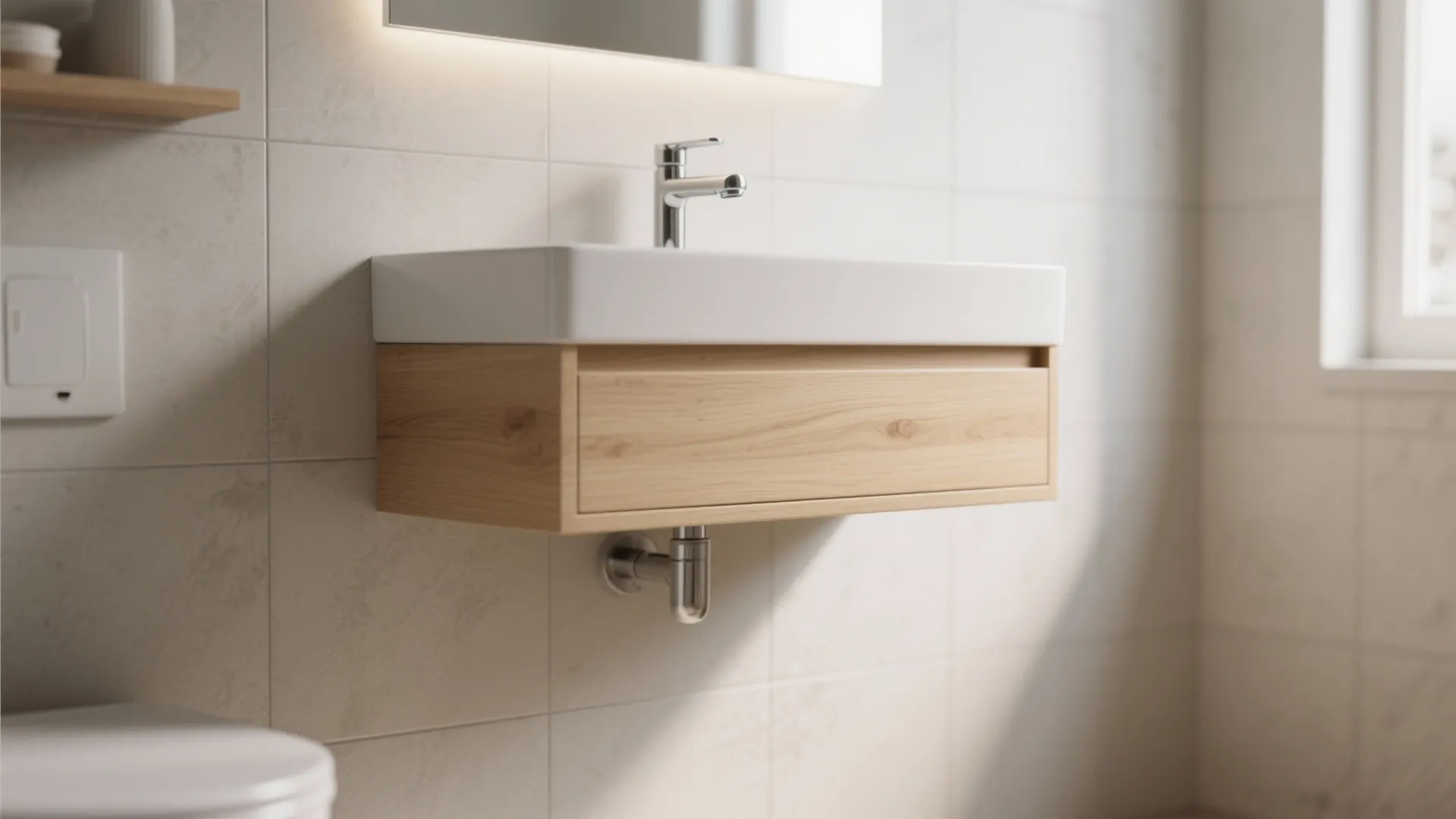 Floating vanity with light wood finish and porcelain sink