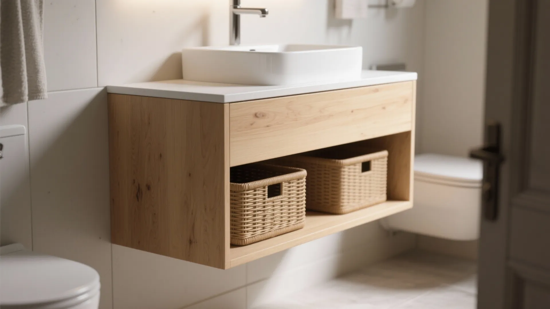 Light wood bathroom cabinet with two storage baskets hanging on wall under a white sink