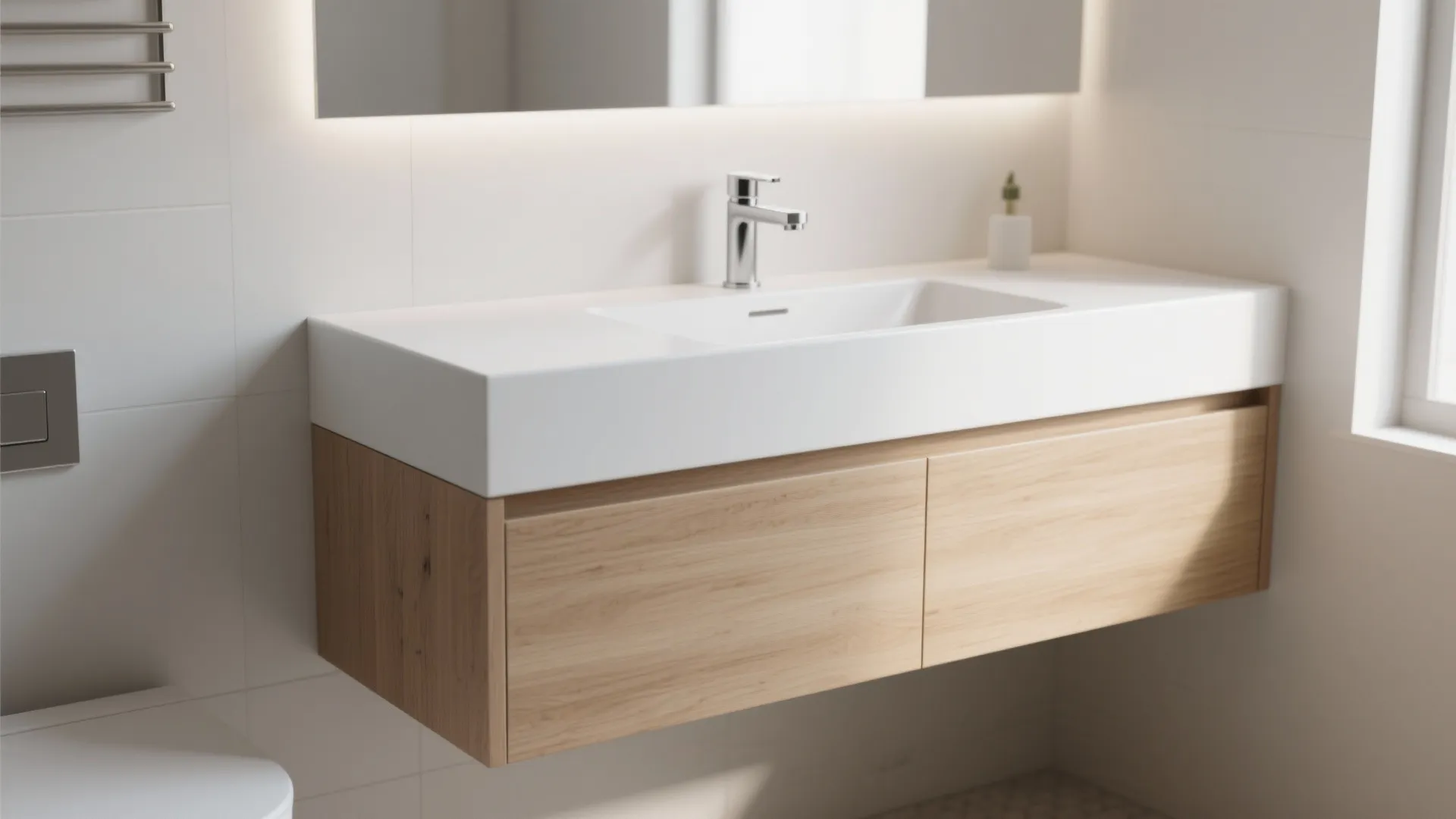 Modern bathroom with wood wall cabinet white sink chrome faucet large mirror and bright natural light