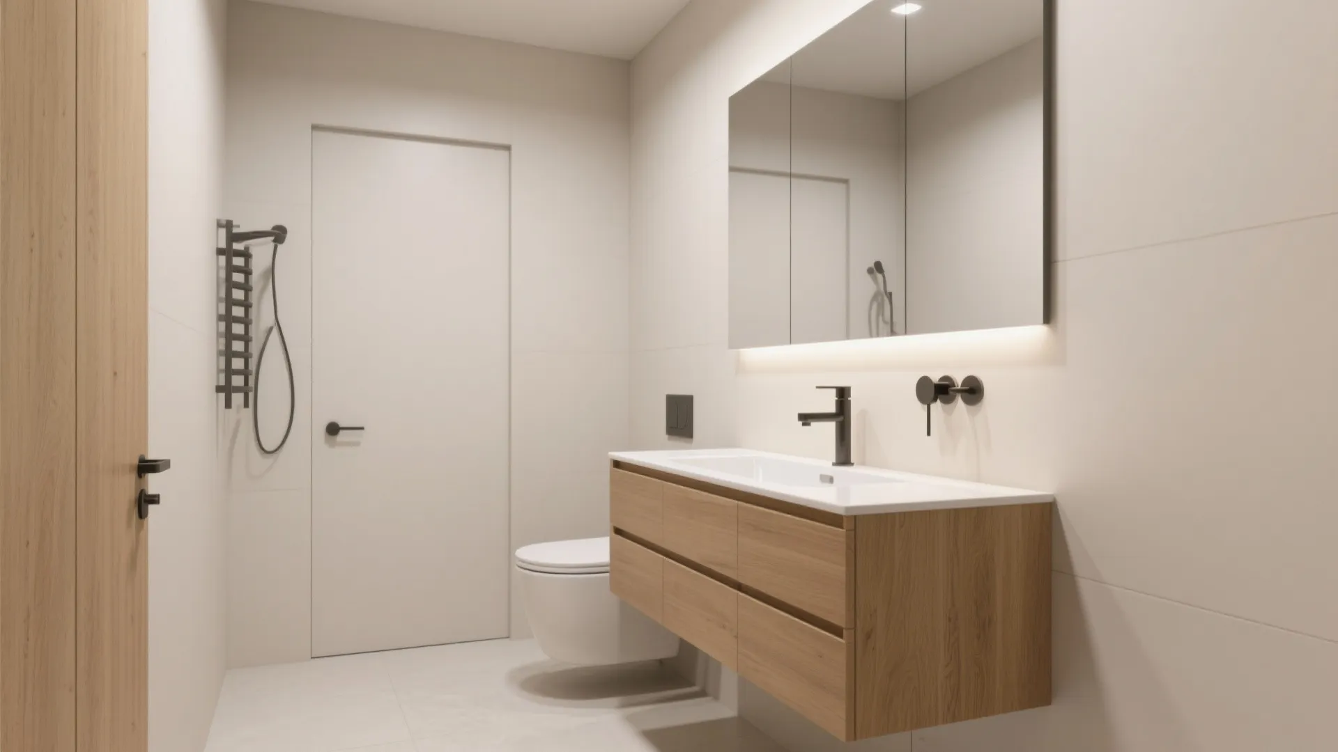 Bright bathroom interior with wooden floating cabinet white sink black faucet large mirror and toilet
