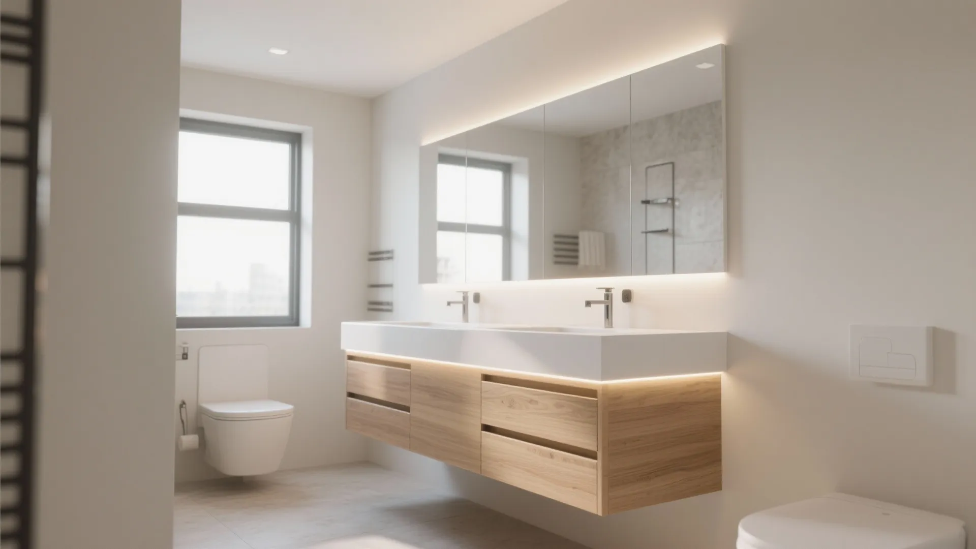 Floating vanity with hidden drawers and LED lighting in small bathroom