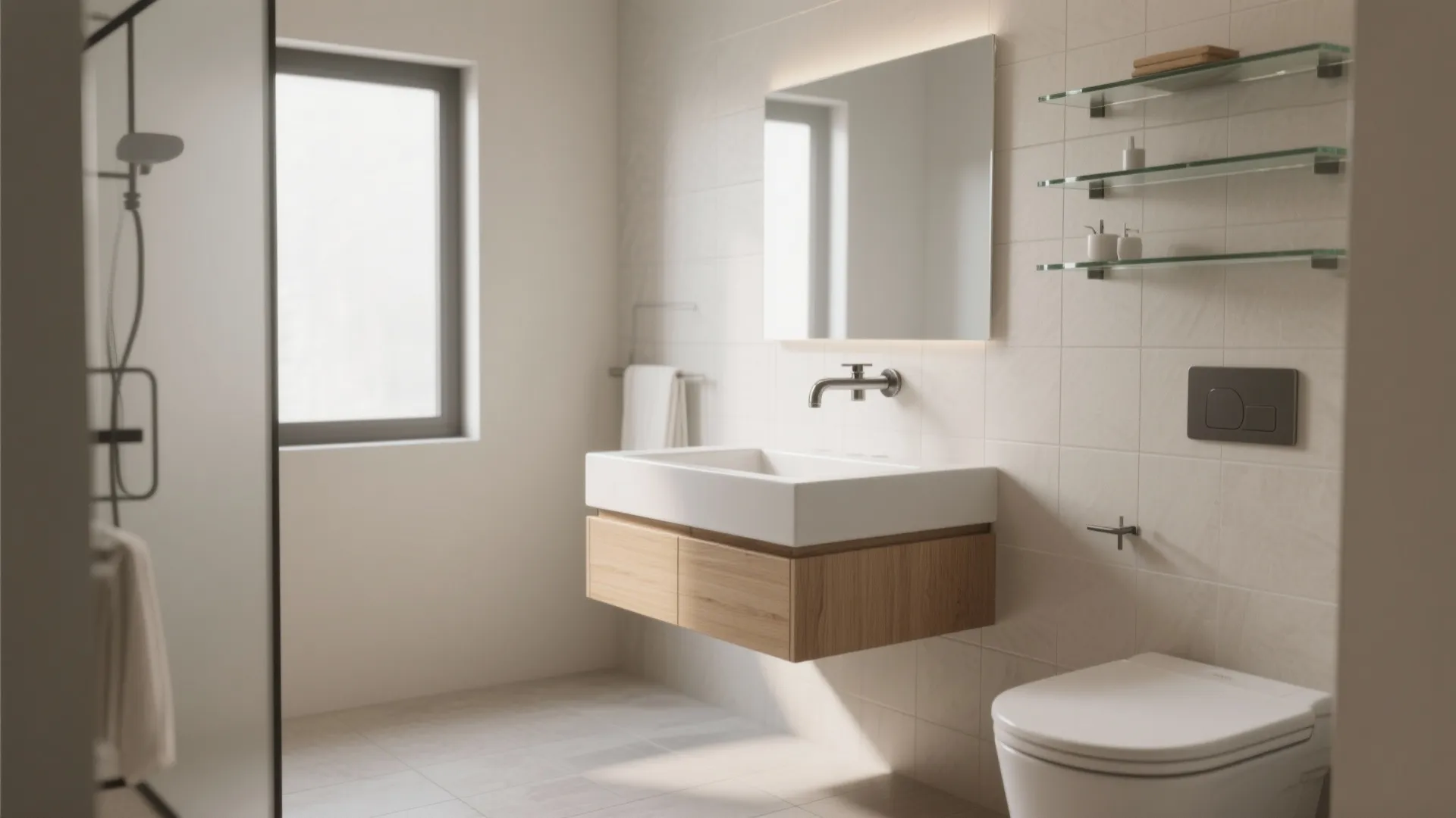 Clean bathroom with floating wood cabinet white sink mirror glass shelves toilet and natural light