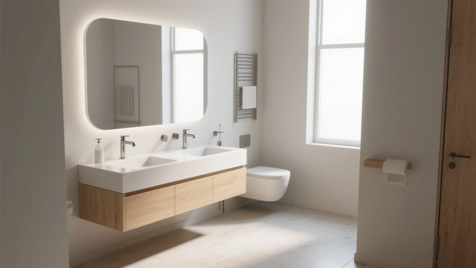 Modern bathroom with white double sink vanity wood cabinet large lighted mirror and white toilet