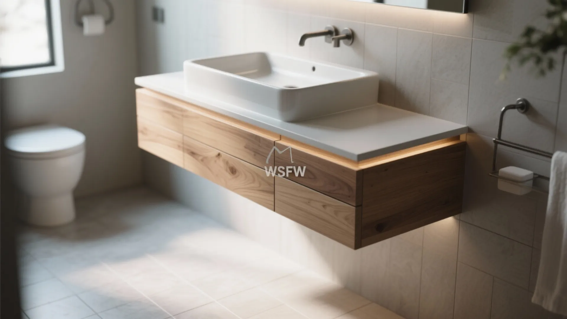 Wooden floating bathroom cabinet with white sink on top and under cabinet lighting for modern look