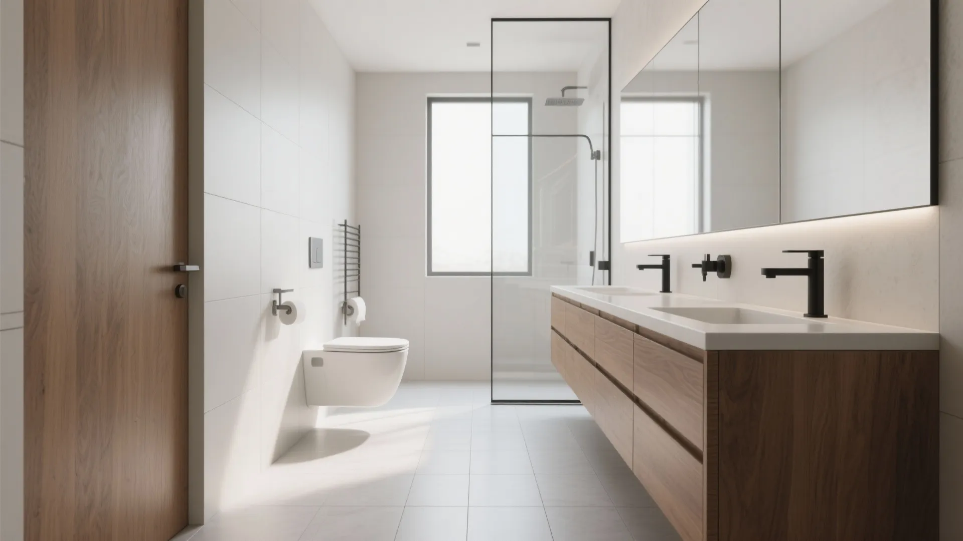 Wall-hung fixtures and a floating vanity