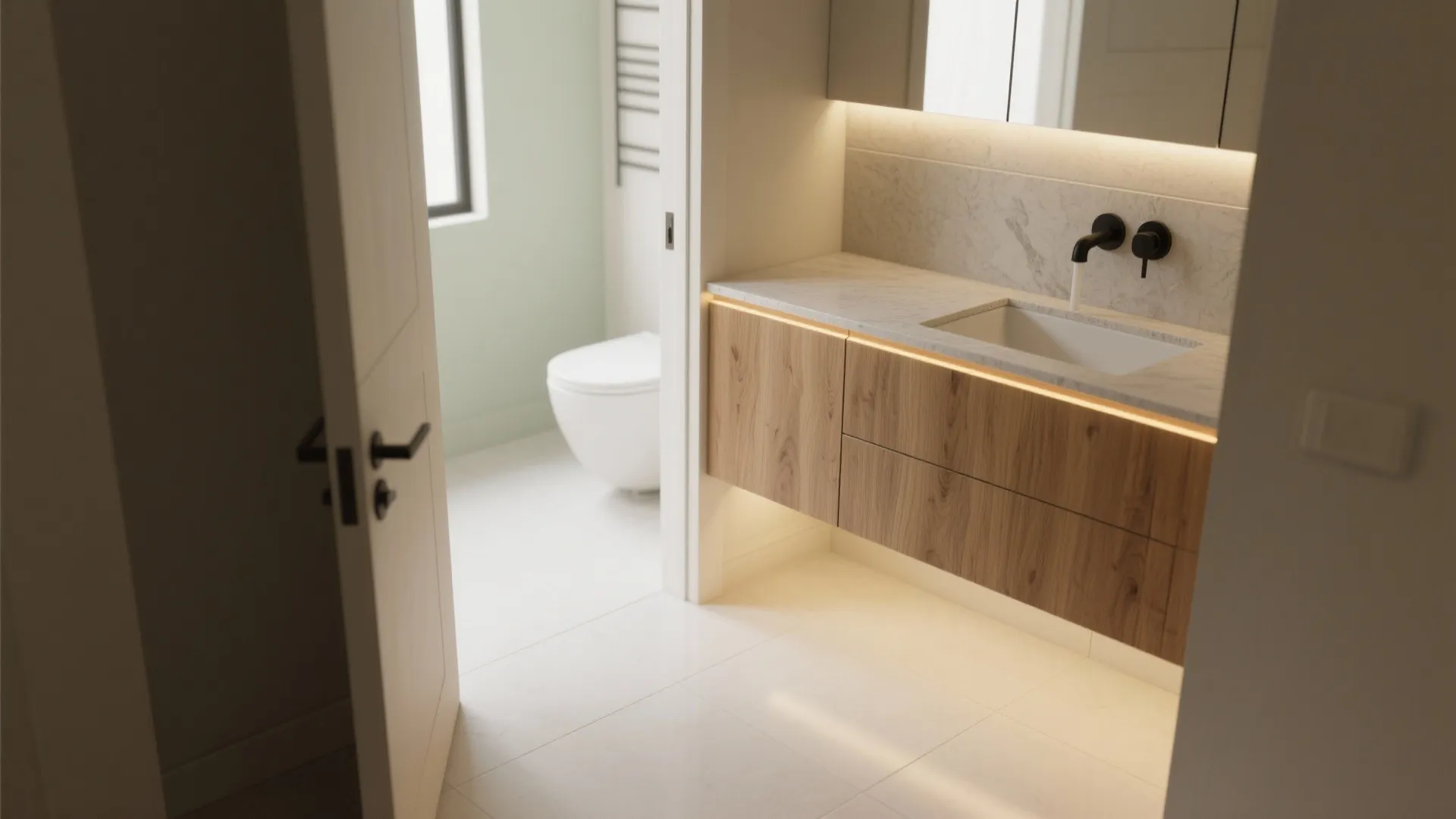 Modern bathroom with wood cabinet white marble sink black water tap and warm lighting strips
