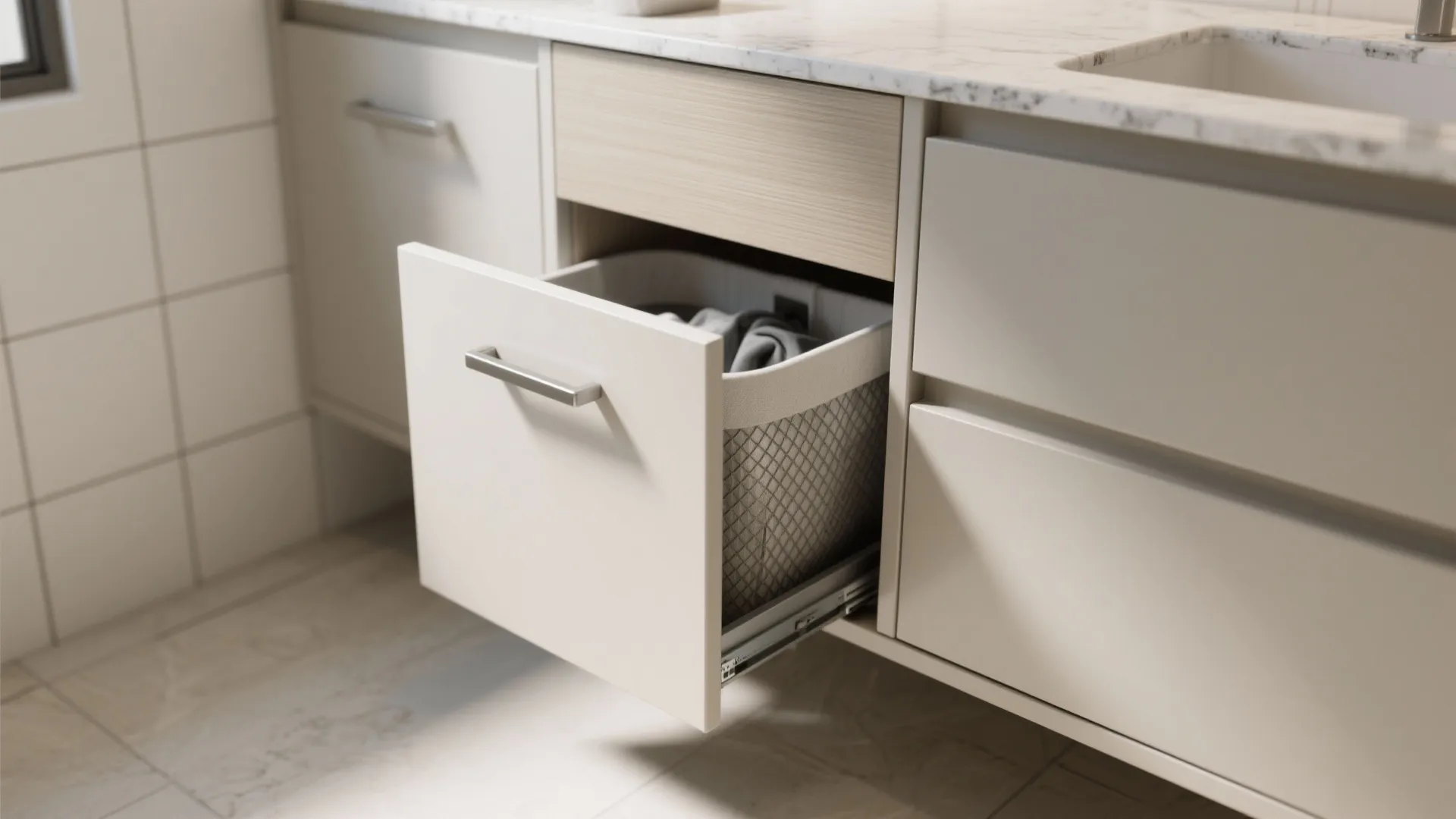 3. Floating Vanity with Integrated Laundry Hamper