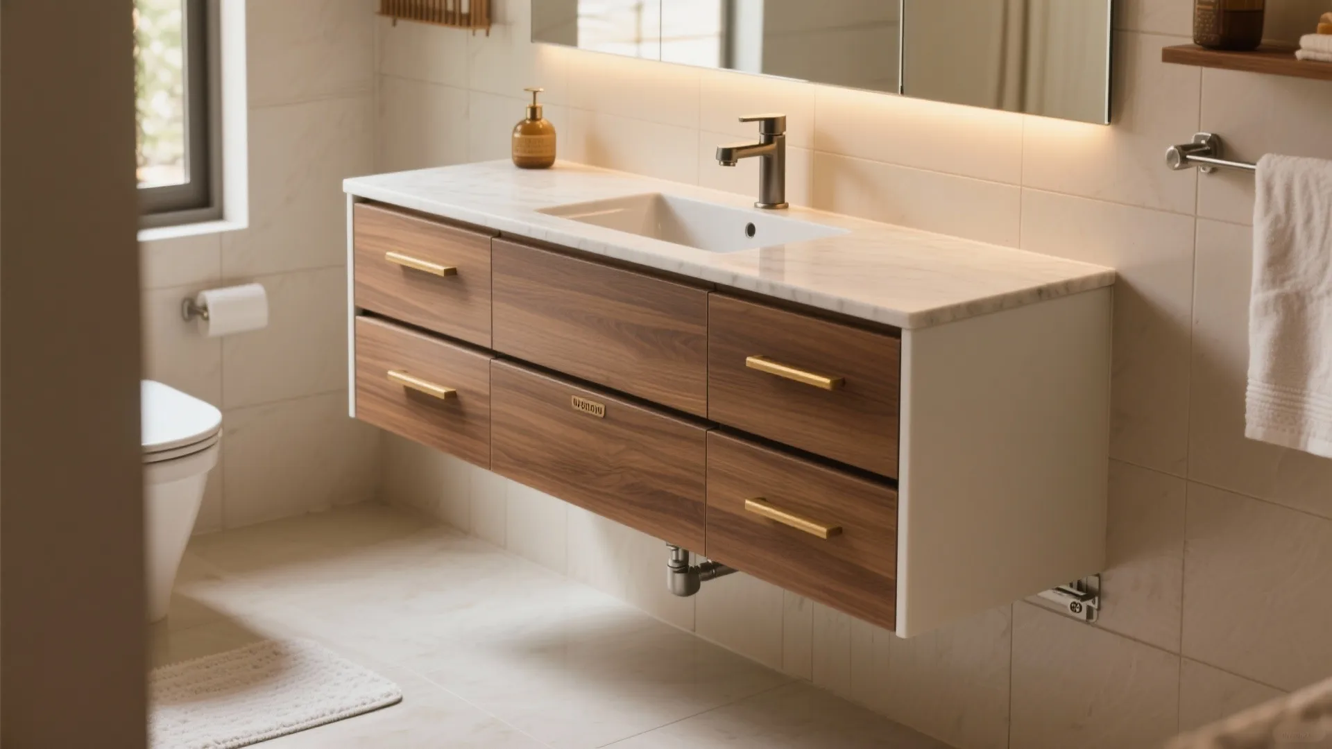 Floating wooden bathroom cabinet with marble top metal faucet and a large mirror with light