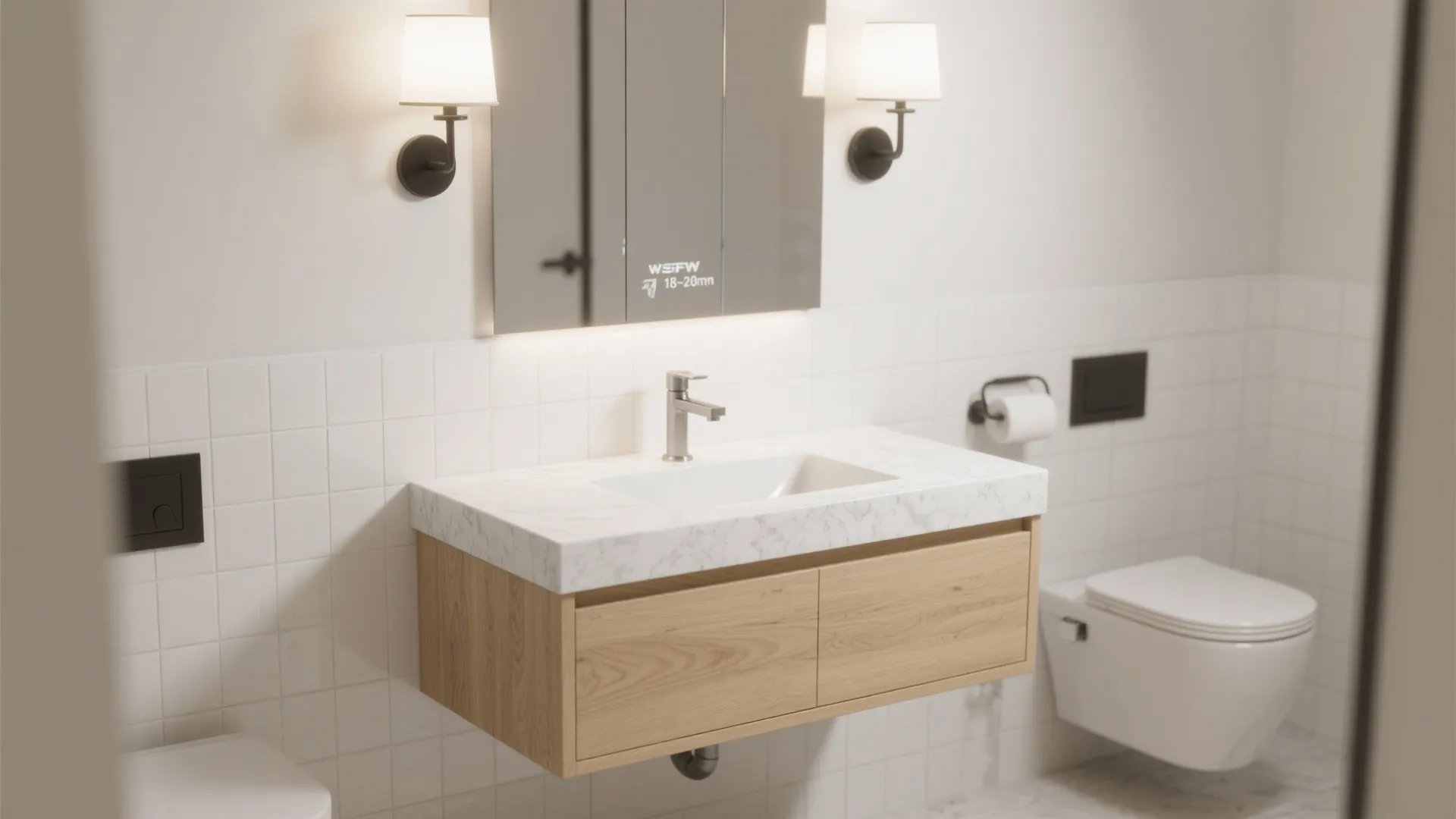 Idea 3: Shallow, floating vanity + mirrored storage