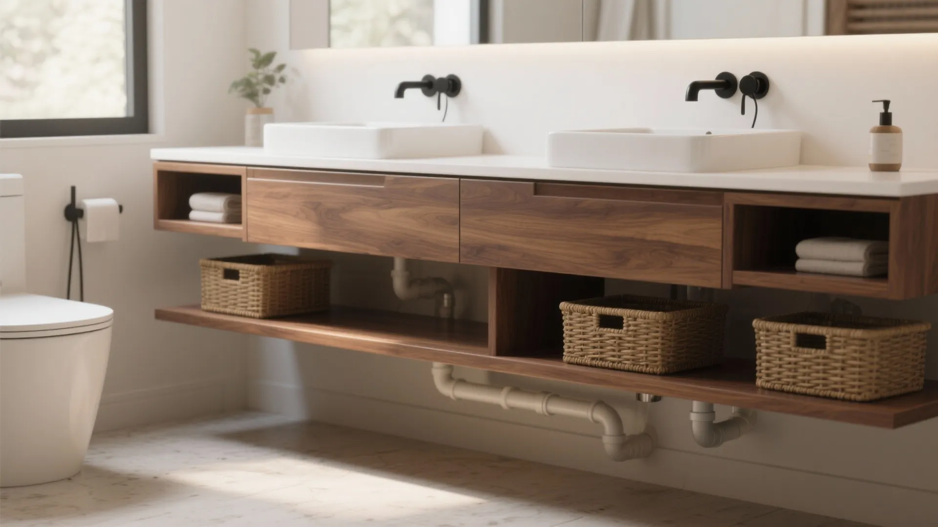 Floating Vanities with Open Shelving