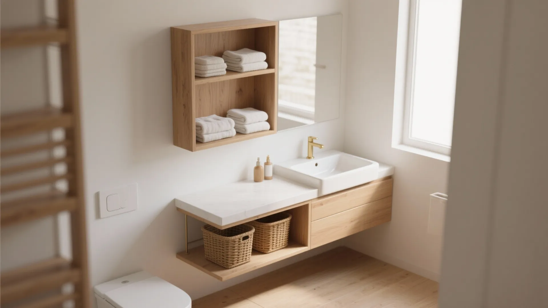 1. Floating Vanity and Open Shelving