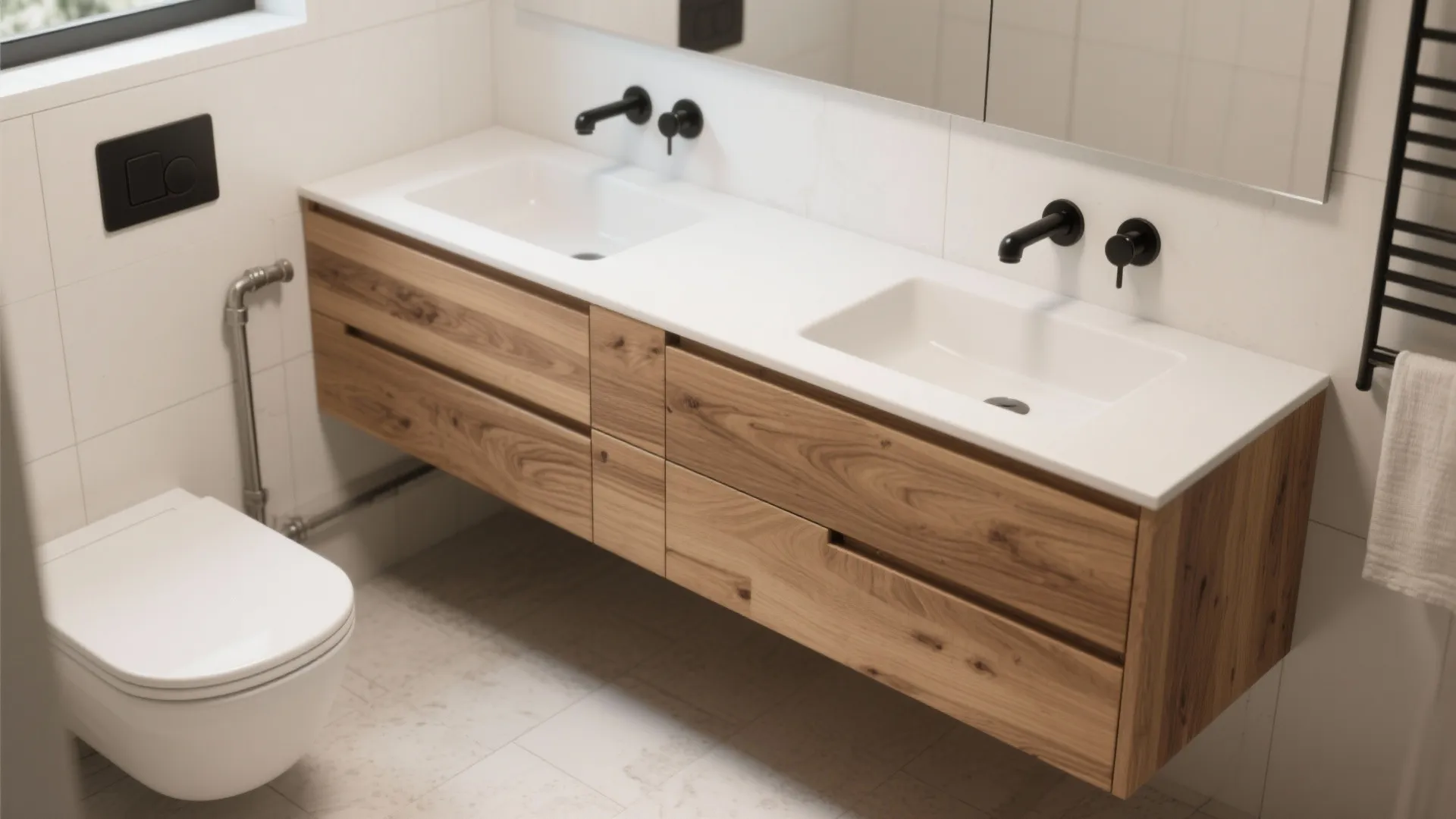 2. Floating wood vanity with hidden storage