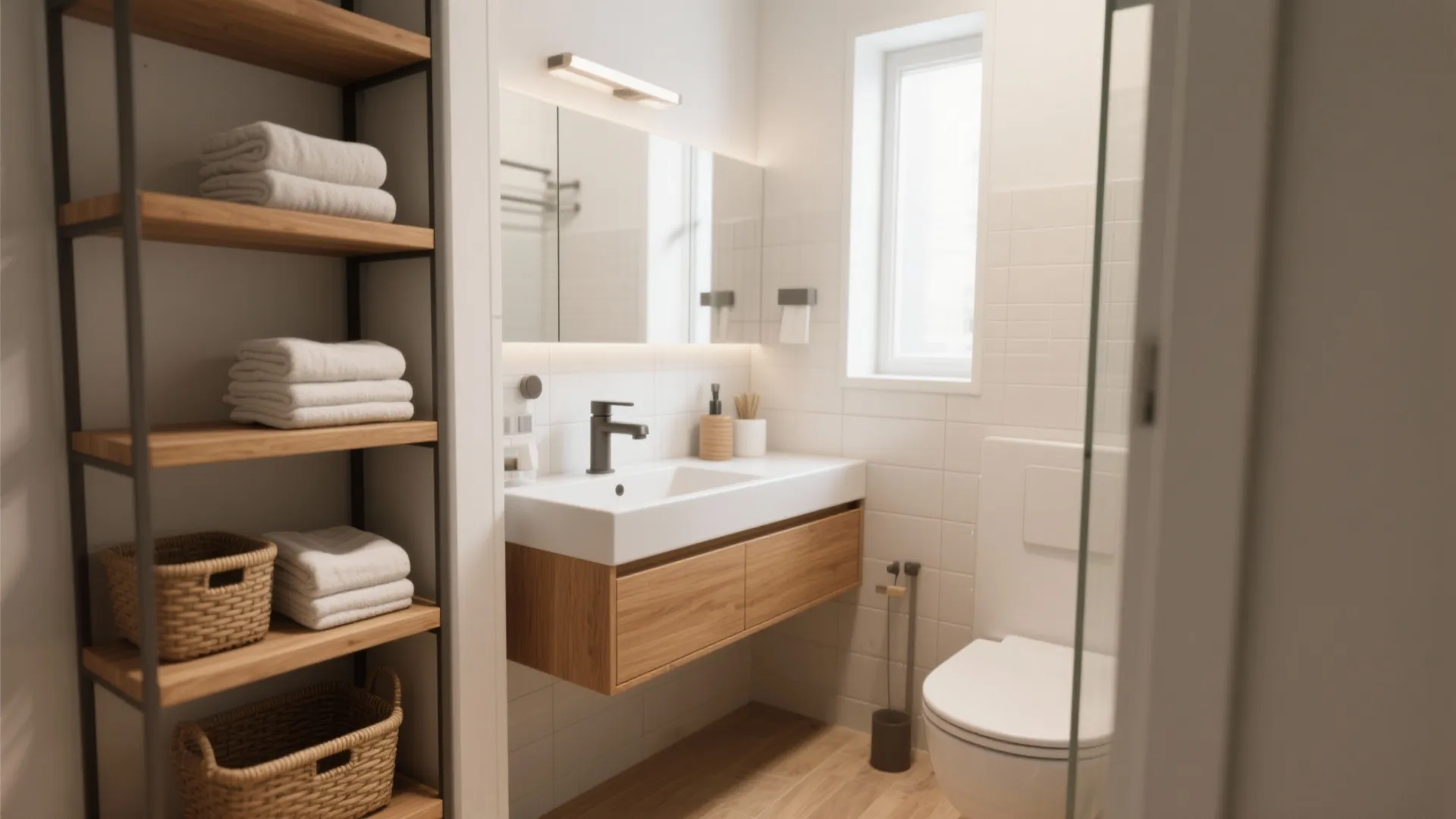 2. Go Compact: Floating Vanity and Open Shelves