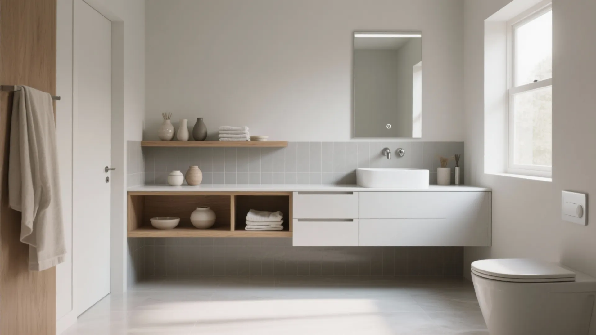 Bright minimalist bathroom featuring white floating cabinet wooden shelves mirror window and a white toilet bowl