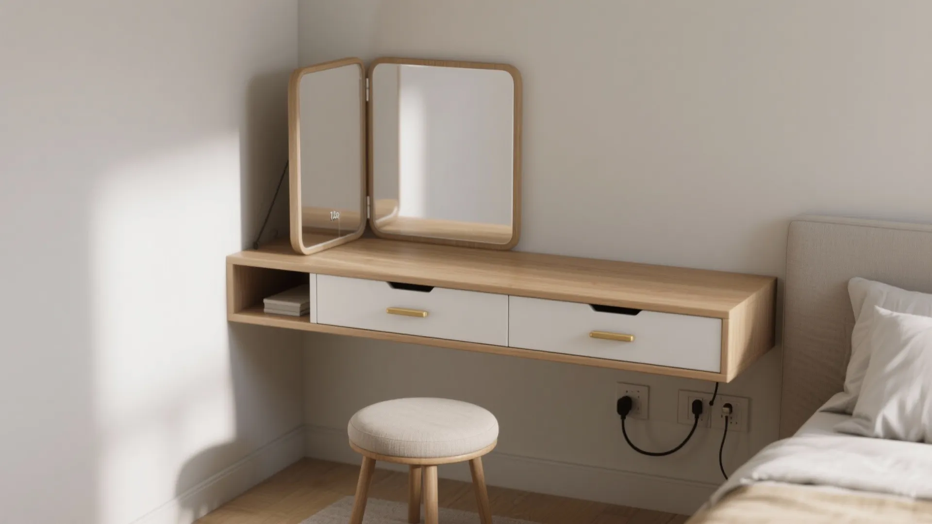 Modern floating wooden vanity with white drawers a three panel mirror and a round stool