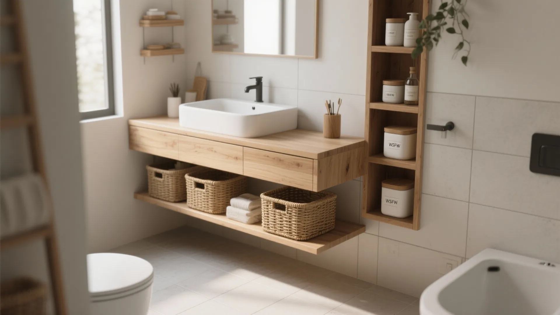 Modern bathroom with wooden floating cabinet, white sink, woven storage baskets, and vertical wall shelving