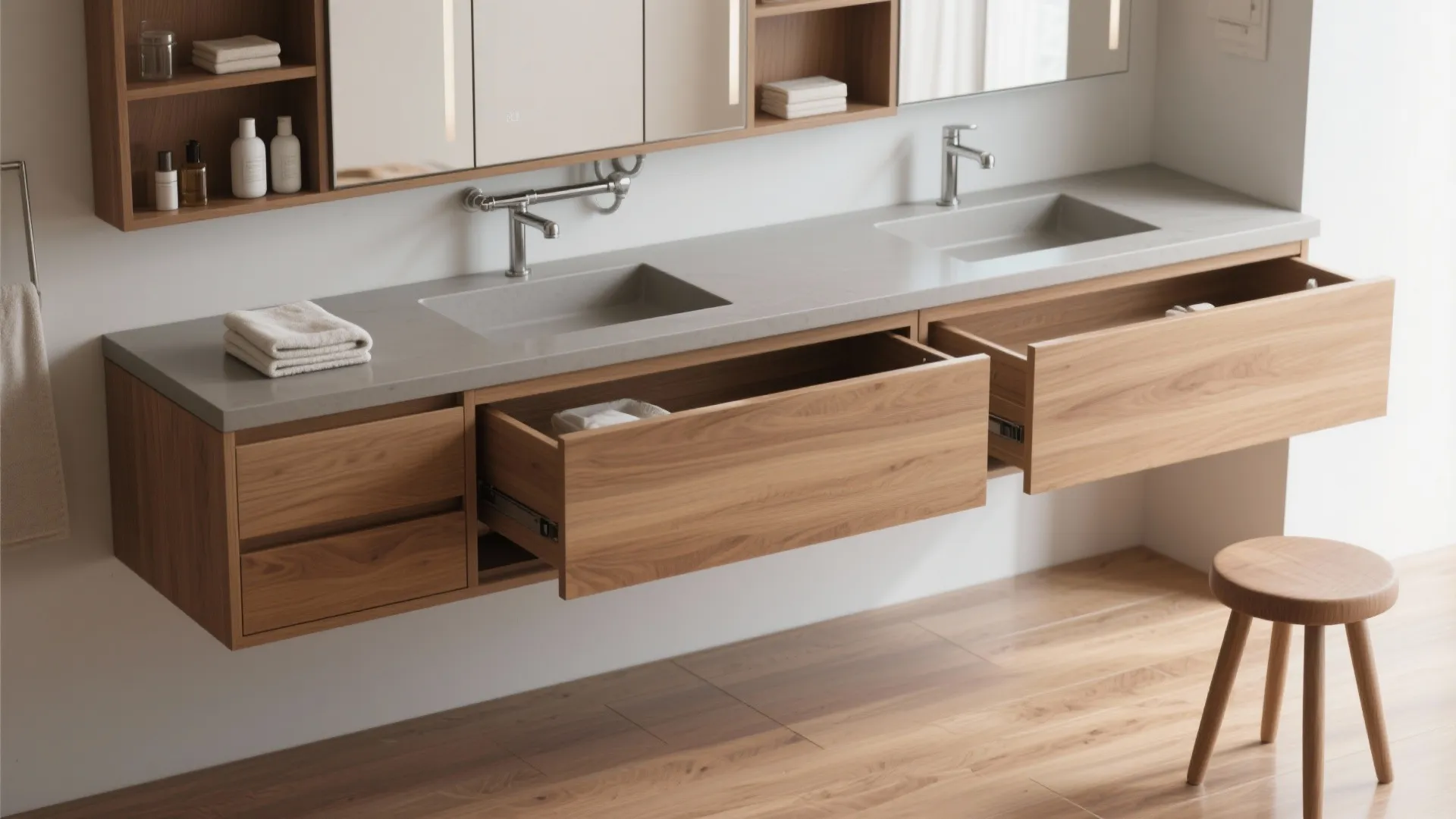 Floating wooden bathroom cabinet with open drawers, grey countertop, double sinks, and a small stool