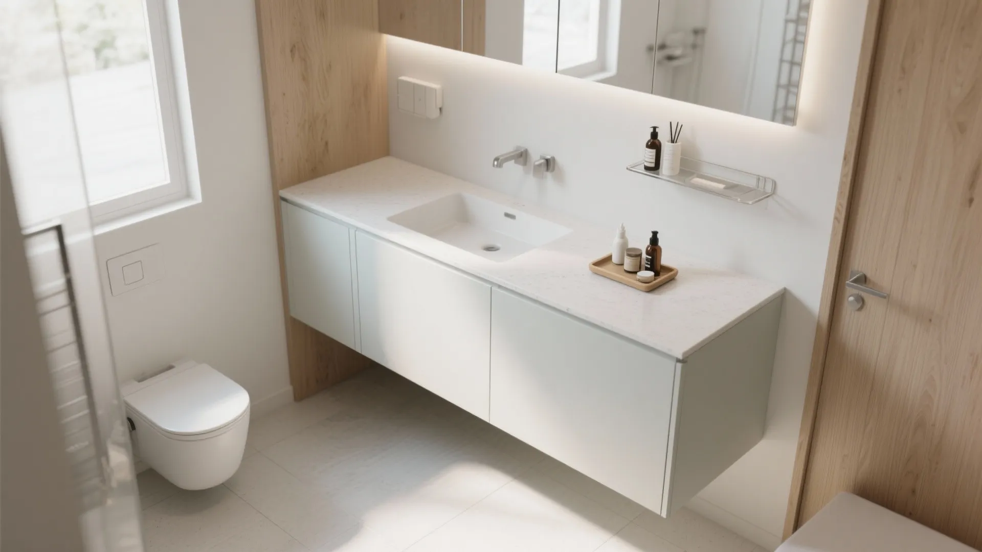 Modern bathroom featuring white floating cabinet with sink silver tap large mirror and white toilet