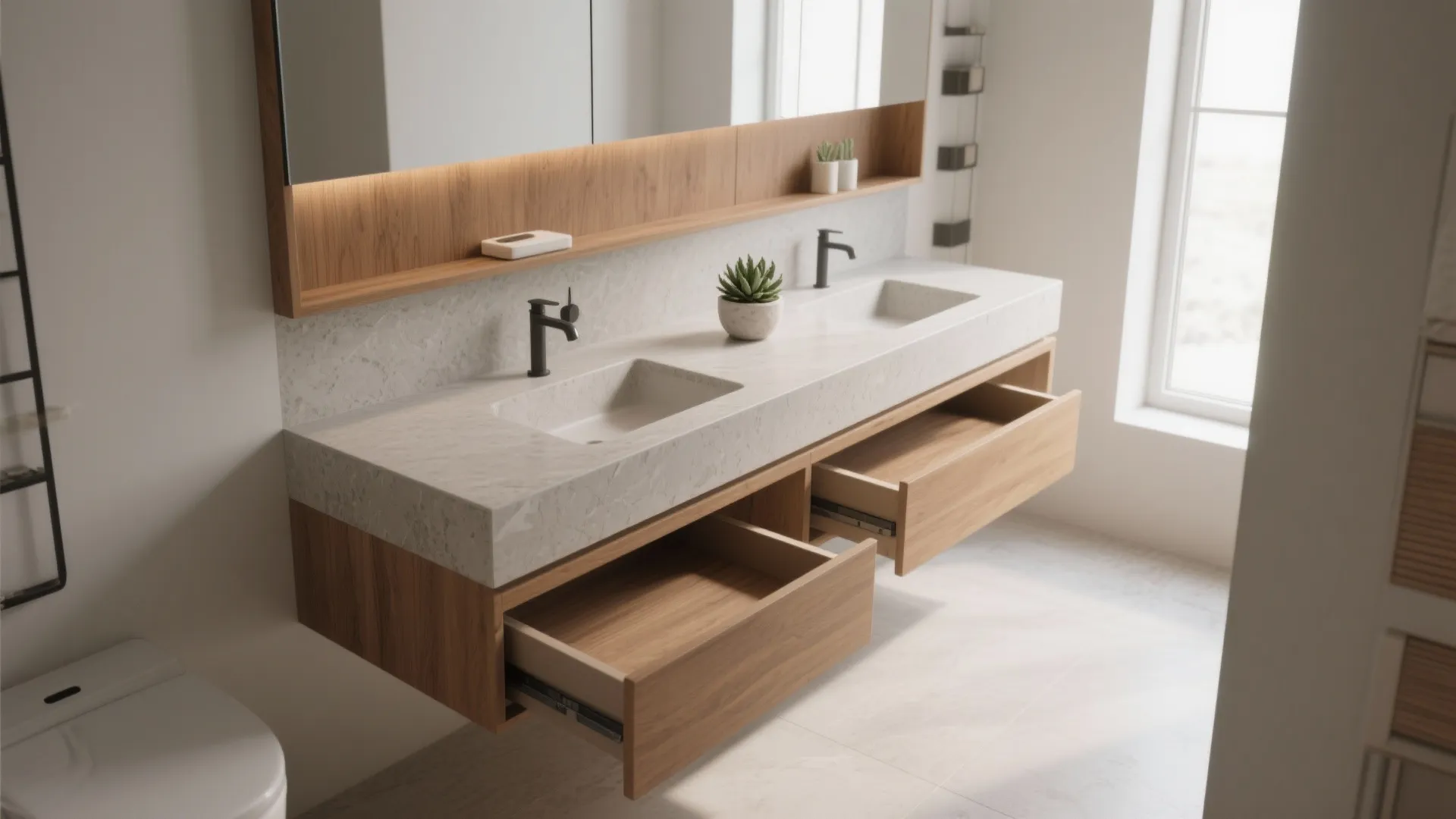 Modern double sink bathroom vanity with open wooden drawers stone countertop and large rectangular wall mirror