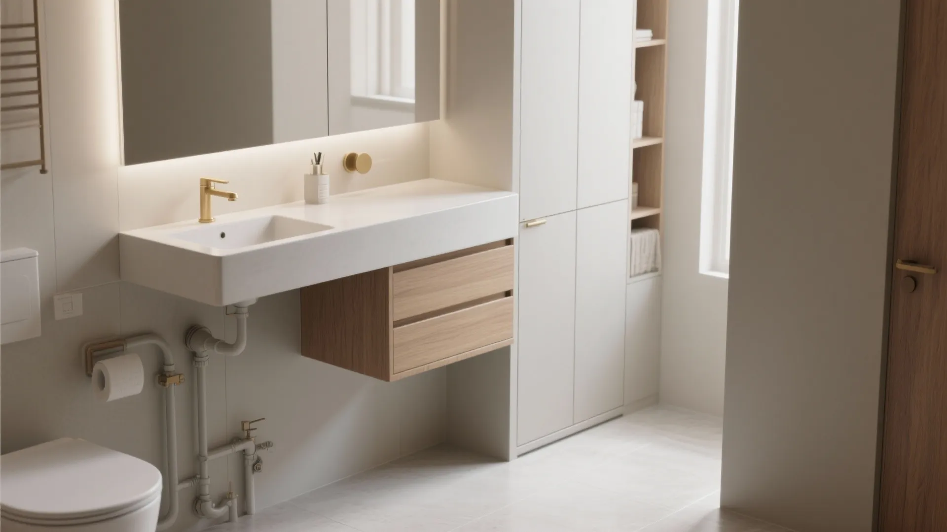 Modern bathroom with white sink gold faucet wood cabinet large mirror white toilet and tall cabinet