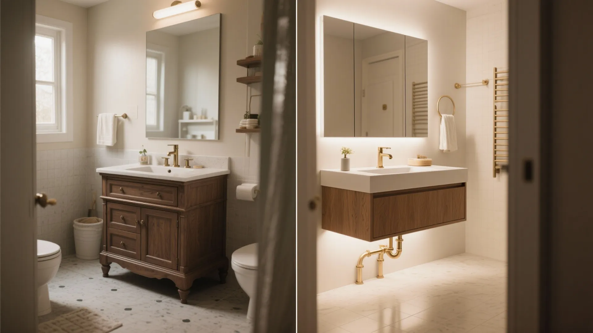 Before and after of a small bathroom replacing a bulky vanity with a floating cabinet to open the floor.