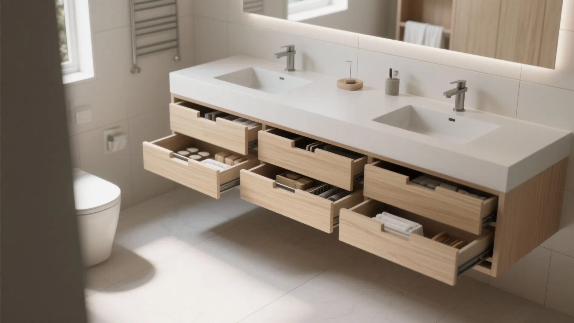 Modern double sink bathroom vanity with open wooden drawers showing organized towels and various personal items